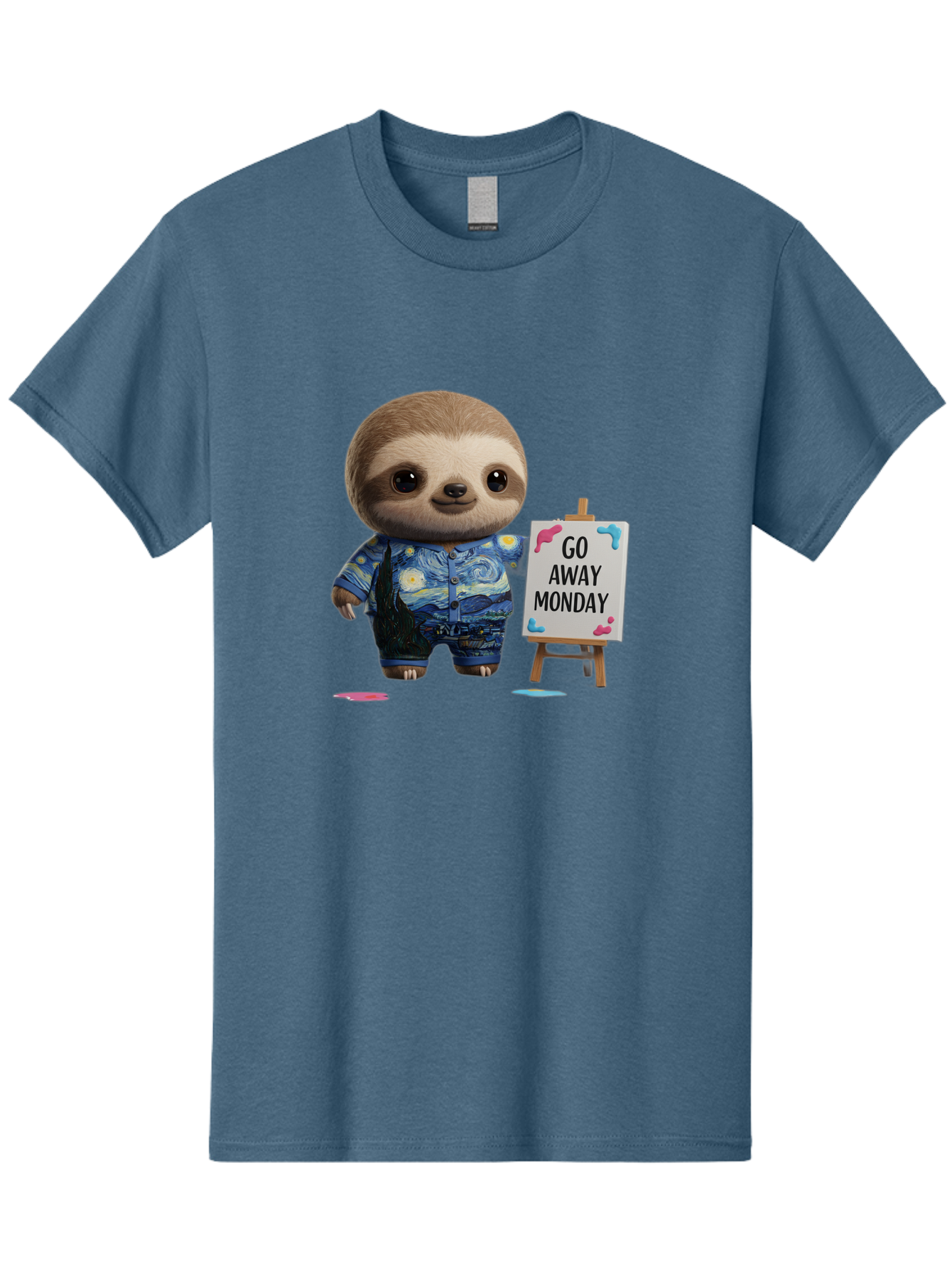 Sloth-Go-Away-Monday-2 Men'S Graphic Tee, 100% Cotton, Comfortable Casual Summer Wear, Machine Washable, Funny Sloth Meme, Monday Motivation, Art Humor, Creative Sloth, Van Gogh-Inspired Outfit, Humorous Canvas, Quirky Character, Monday Blues, Bae754