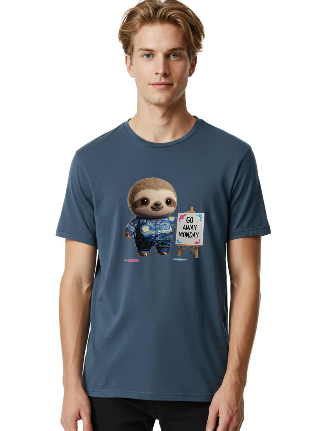 Sloth-Go-Away-Monday-2 Men'S Graphic Tee, 100% Cotton, Comfortable Casual Summer Wear, Machine Washable, Funny Sloth Meme, Monday Motivation, Art Humor, Creative Sloth, Van Gogh-Inspired Outfit, Humorous Canvas, Quirky Character, Monday Blues, Bae754