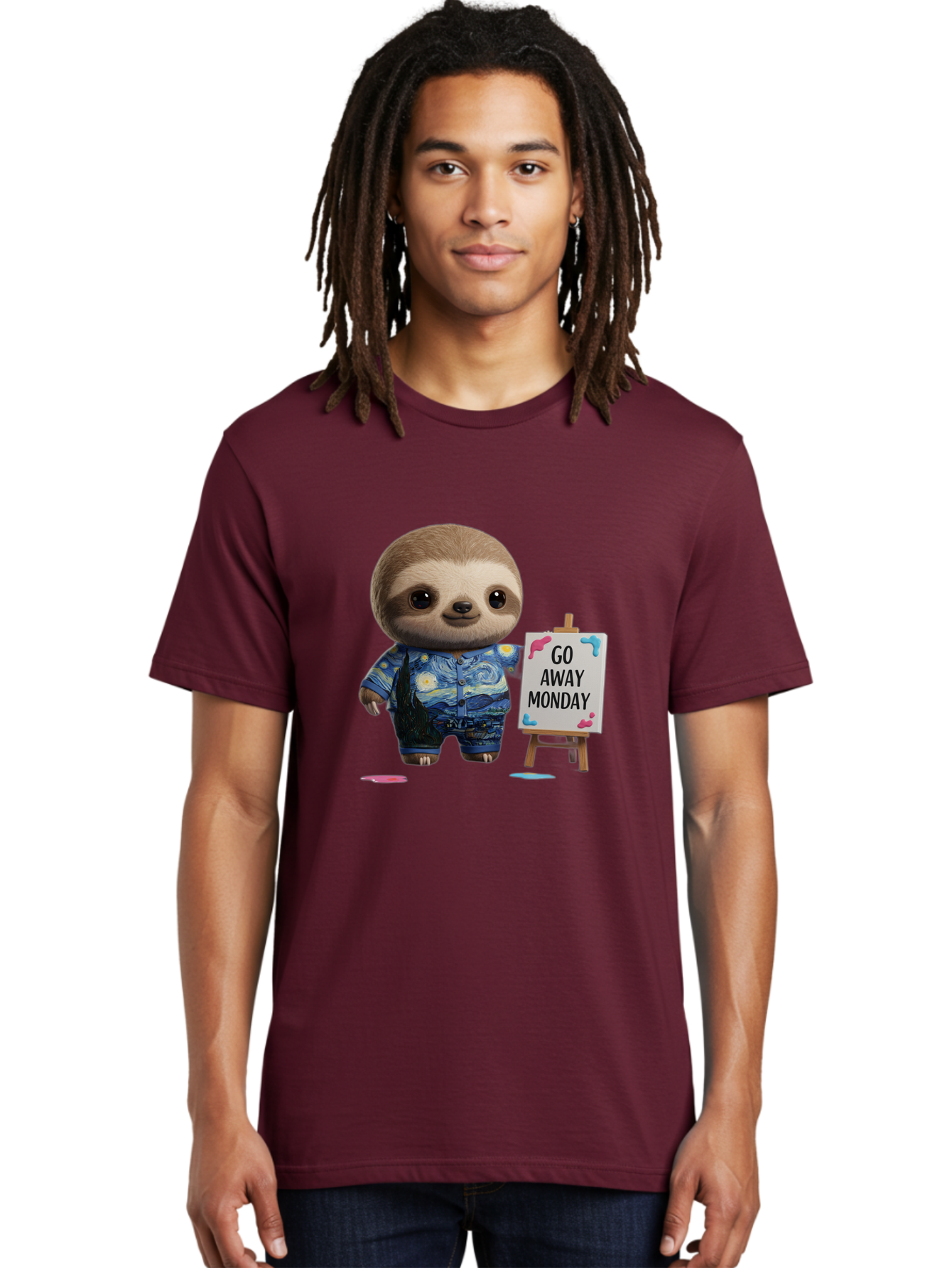 Sloth-Go-Away-Monday-2 Men'S Graphic Tee, 100% Cotton, Comfortable Casual Summer Wear, Machine Washable, Funny Sloth Meme, Monday Motivation, Art Humor, Creative Sloth, Van Gogh-Inspired Outfit, Humorous Canvas, Quirky Character, Monday Blues, Bae754