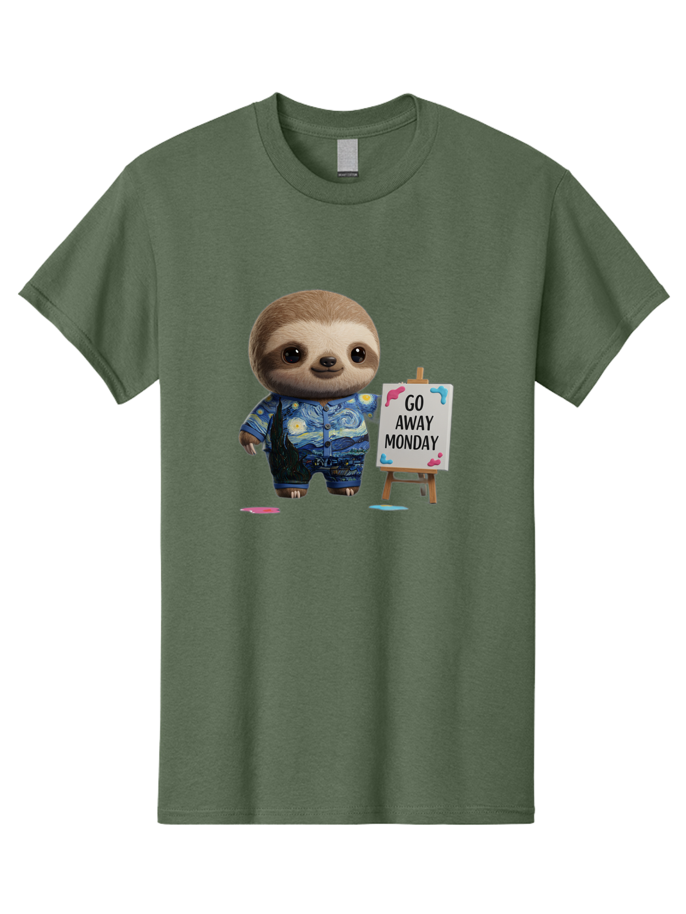 Sloth-Go-Away-Monday-2 Men'S Graphic Tee, 100% Cotton, Comfortable Casual Summer Wear, Machine Washable, Funny Sloth Meme, Monday Motivation, Art Humor, Creative Sloth, Van Gogh-Inspired Outfit, Humorous Canvas, Quirky Character, Monday Blues, Bae754