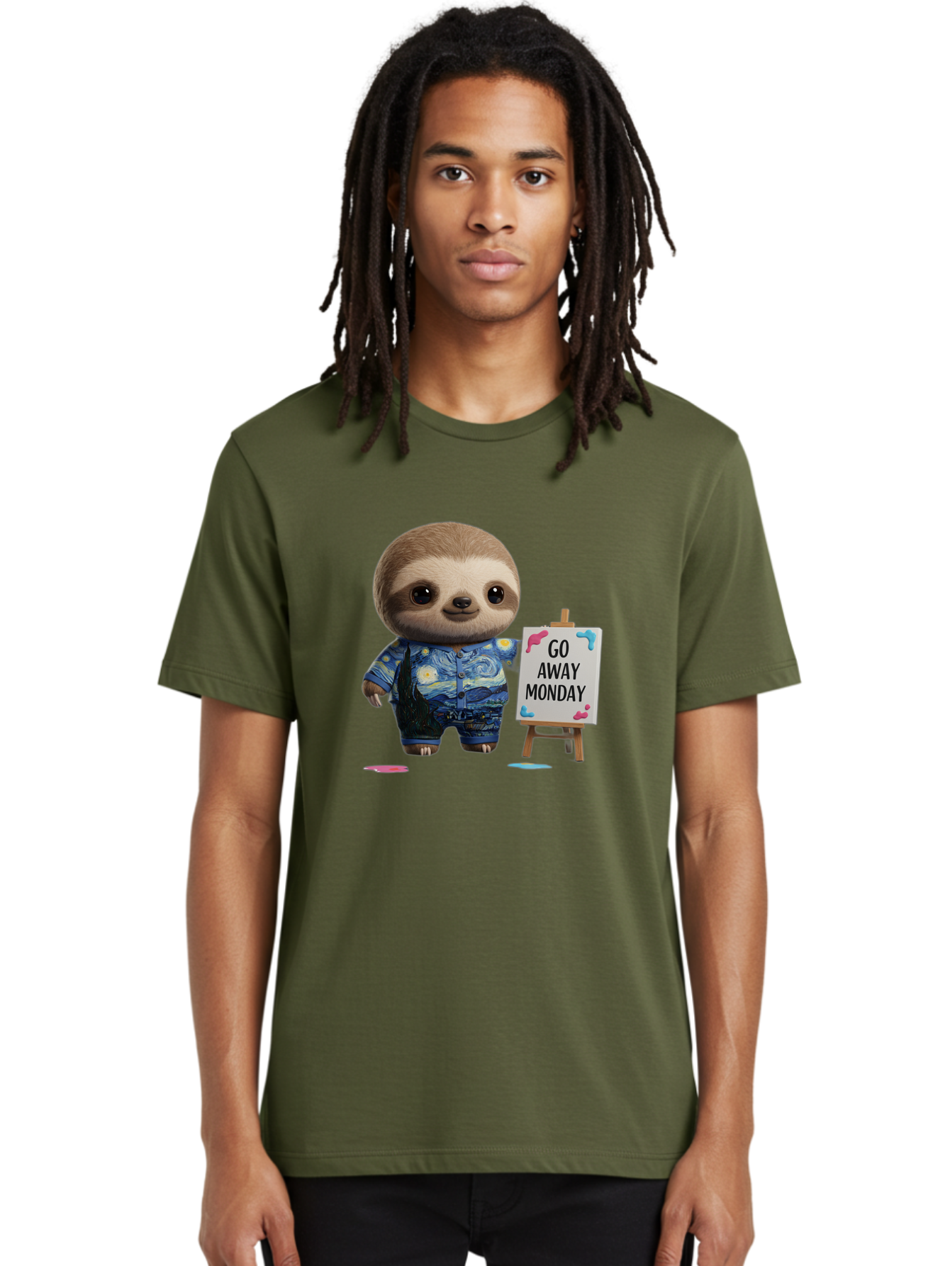 Sloth-Go-Away-Monday-2 Men'S Graphic Tee, 100% Cotton, Comfortable Casual Summer Wear, Machine Washable, Funny Sloth Meme, Monday Motivation, Art Humor, Creative Sloth, Van Gogh-Inspired Outfit, Humorous Canvas, Quirky Character, Monday Blues, Bae754
