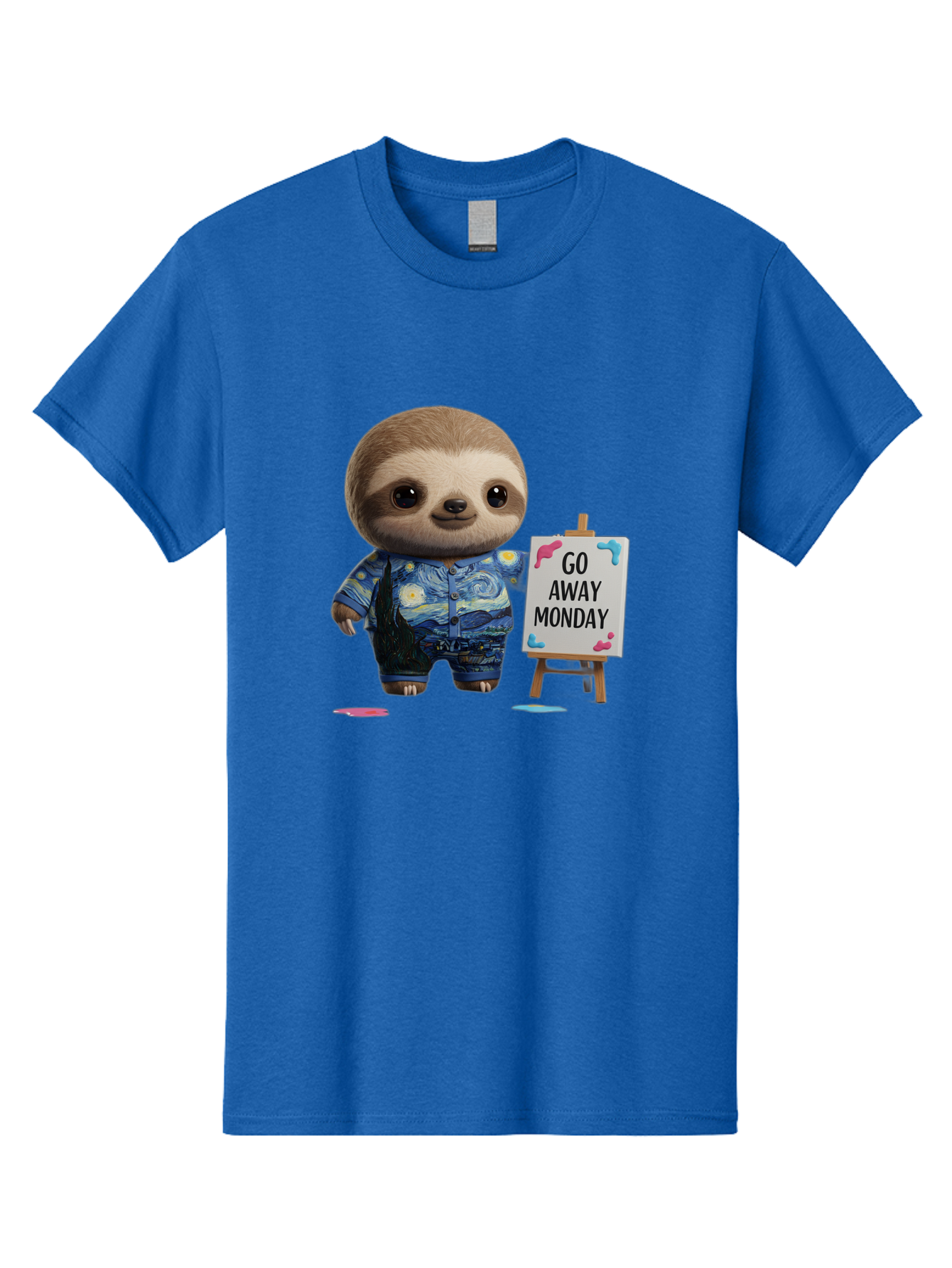 Sloth-Go-Away-Monday-2 Men'S Graphic Tee, 100% Cotton, Comfortable Casual Summer Wear, Machine Washable, Funny Sloth Meme, Monday Motivation, Art Humor, Creative Sloth, Van Gogh-Inspired Outfit, Humorous Canvas, Quirky Character, Monday Blues, Bae754