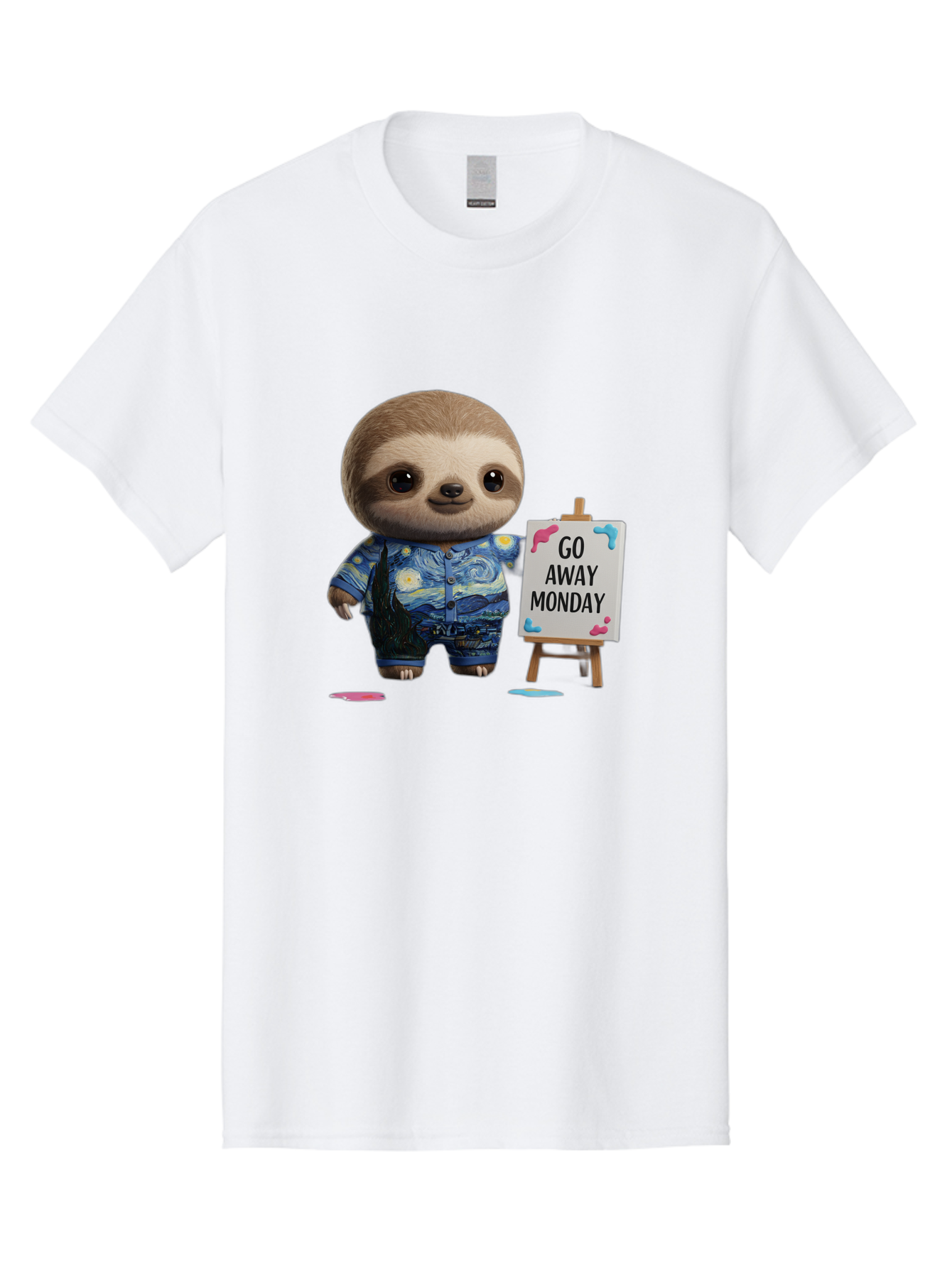 Sloth-Go-Away-Monday-2 Men'S Graphic Tee, 100% Cotton, Comfortable Casual Summer Wear, Machine Washable, Funny Sloth Meme, Monday Motivation, Art Humor, Creative Sloth, Van Gogh-Inspired Outfit, Humorous Canvas, Quirky Character, Monday Blues, Bae754