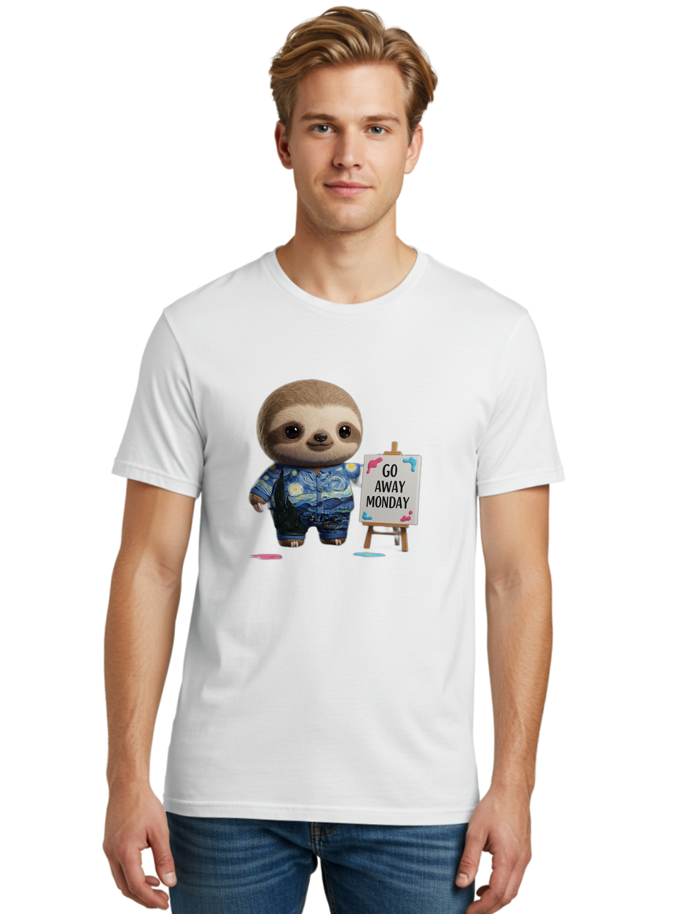 Sloth-Go-Away-Monday-2 Men'S Graphic Tee, 100% Cotton, Comfortable Casual Summer Wear, Machine Washable, Funny Sloth Meme, Monday Motivation, Art Humor, Creative Sloth, Van Gogh-Inspired Outfit, Humorous Canvas, Quirky Character, Monday Blues, Bae754