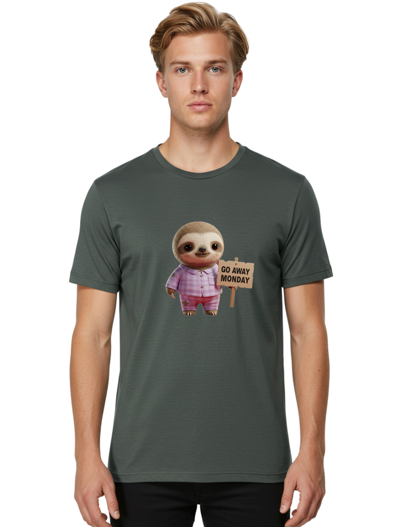 Sloth-Go-Away-Monday Men'S Graphic Tee, 100% Cotton, Comfortable Casual Summer Wear, Machine Washable, Sloth In Pajamas, Cartoon Character, Humorous Illustration, Funny Animal, Monday Motivation, Lazy Sloth, Cute Creature, Playful Design, Bae755