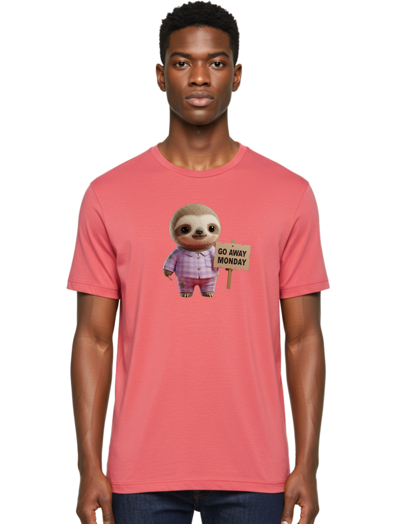 Sloth-Go-Away-Monday Men'S Graphic Tee, 100% Cotton, Comfortable Casual Summer Wear, Machine Washable, Sloth In Pajamas, Cartoon Character, Humorous Illustration, Funny Animal, Monday Motivation, Lazy Sloth, Cute Creature, Playful Design, Bae755
