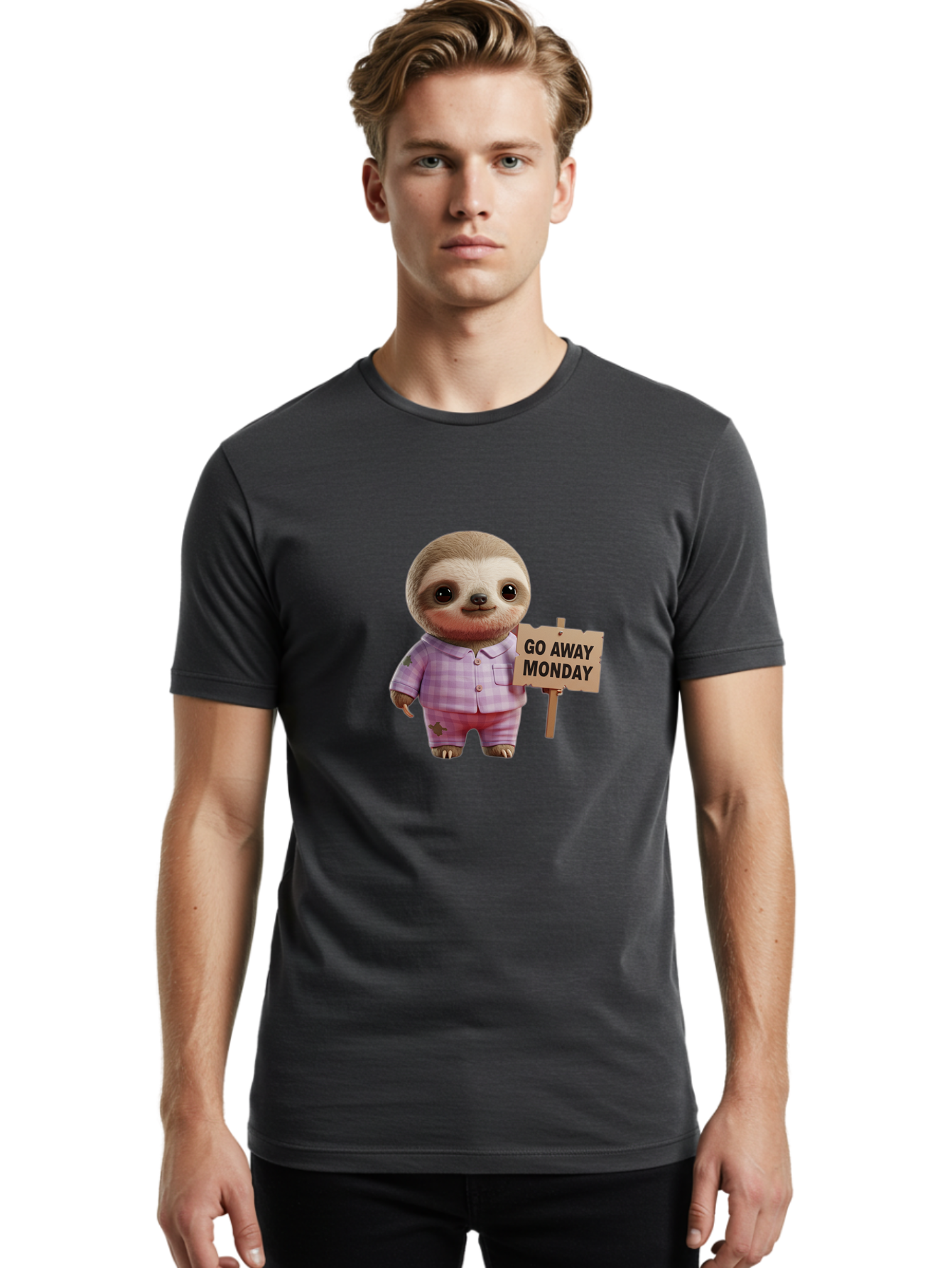 Sloth-Go-Away-Monday Men'S Graphic Tee, 100% Cotton, Comfortable Casual Summer Wear, Machine Washable, Sloth In Pajamas, Cartoon Character, Humorous Illustration, Funny Animal, Monday Motivation, Lazy Sloth, Cute Creature, Playful Design, Bae755