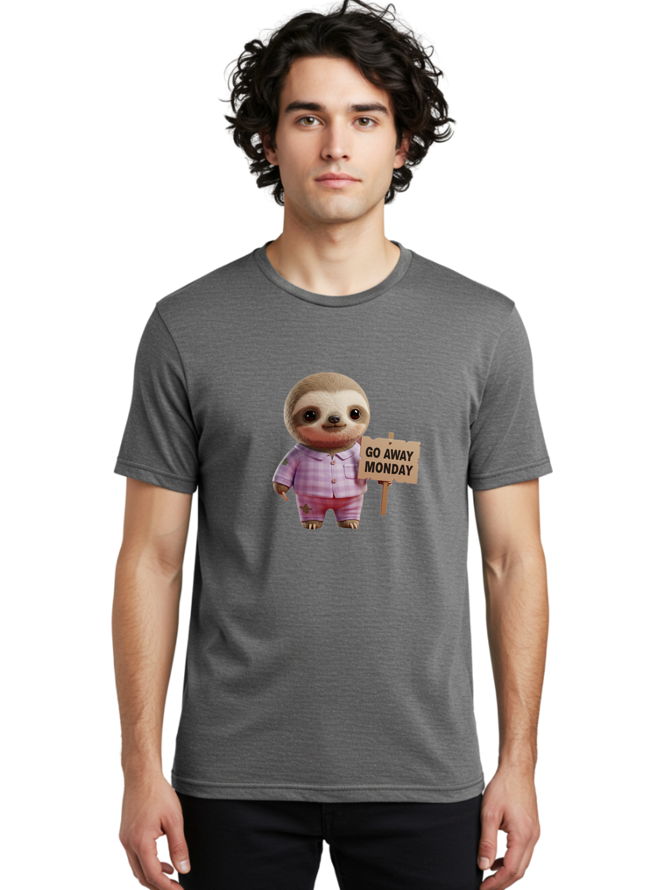 Sloth-Go-Away-Monday Men'S Graphic Tee, 100% Cotton, Comfortable Casual Summer Wear, Machine Washable, Sloth In Pajamas, Cartoon Character, Humorous Illustration, Funny Animal, Monday Motivation, Lazy Sloth, Cute Creature, Playful Design, Bae755