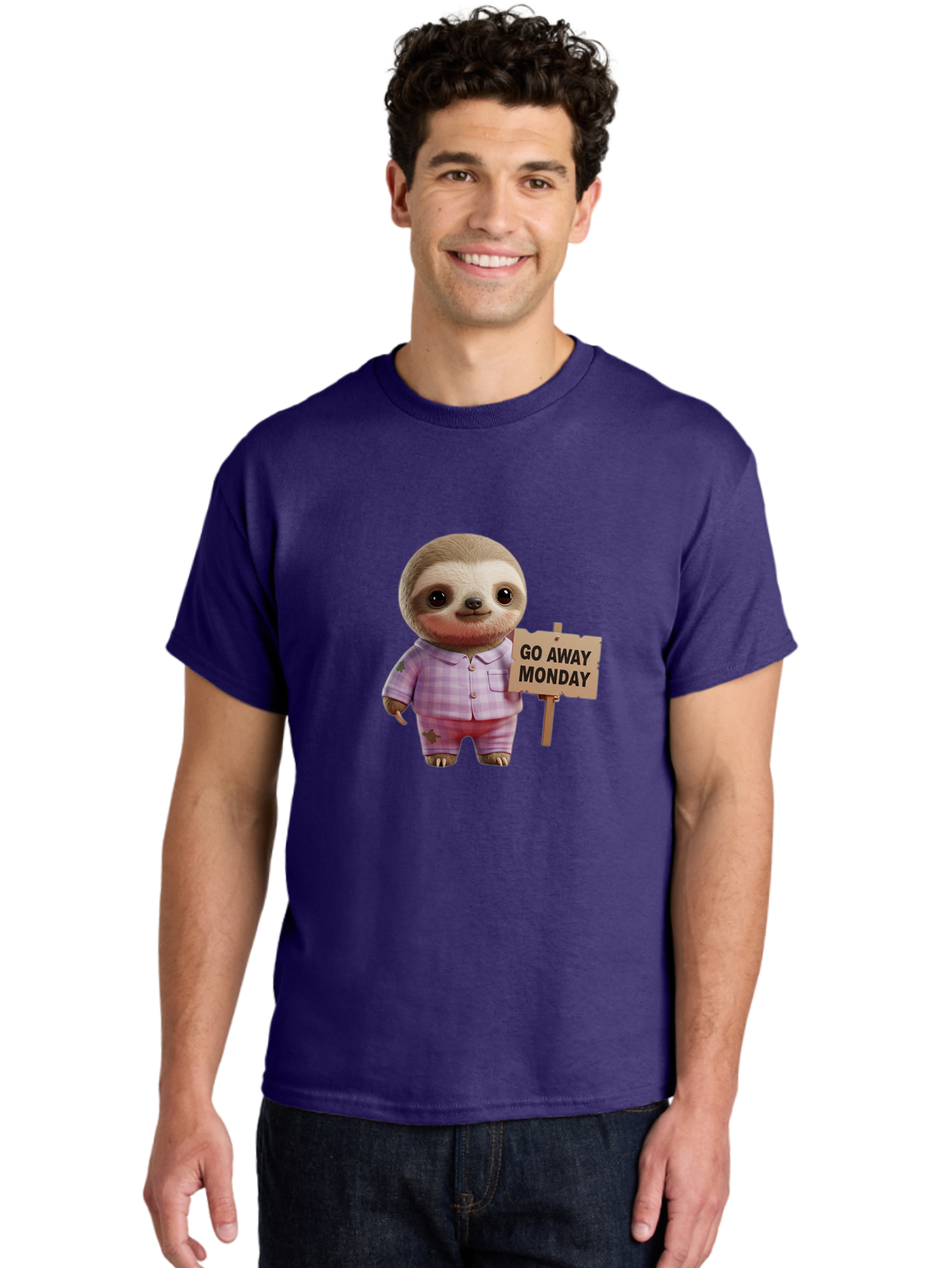 Sloth-Go-Away-Monday Men'S Graphic Tee, 100% Cotton, Comfortable Casual Summer Wear, Machine Washable, Sloth In Pajamas, Cartoon Character, Humorous Illustration, Funny Animal, Monday Motivation, Lazy Sloth, Cute Creature, Playful Design, Bae755