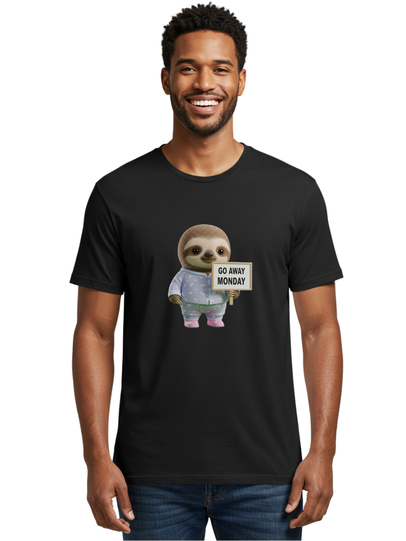 Sloth-Holding-Sign-Go-Away-Monday Men'S Graphic Tee, 100% Cotton, Comfortable Casual Summer Wear, Machine Washable, Sloth In Pajamas, Funny Animal, Cute Sloth, Humorous Sign, Go Away Monday, Lazy Morning, Cartoon Character, Playful Graphics, Bae756