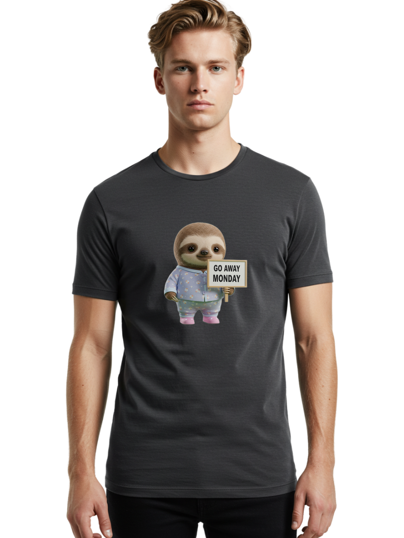 Sloth-Holding-Sign-Go-Away-Monday Men'S Graphic Tee, 100% Cotton, Comfortable Casual Summer Wear, Machine Washable, Sloth In Pajamas, Funny Animal, Cute Sloth, Humorous Sign, Go Away Monday, Lazy Morning, Cartoon Character, Playful Graphics, Bae756