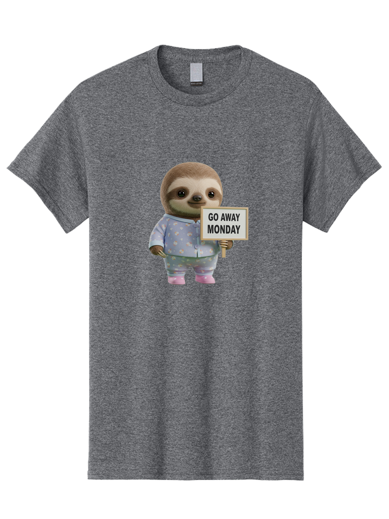 Sloth-Holding-Sign-Go-Away-Monday Men'S Graphic Tee, 100% Cotton, Comfortable Casual Summer Wear, Machine Washable, Sloth In Pajamas, Funny Animal, Cute Sloth, Humorous Sign, Go Away Monday, Lazy Morning, Cartoon Character, Playful Graphics, Bae756