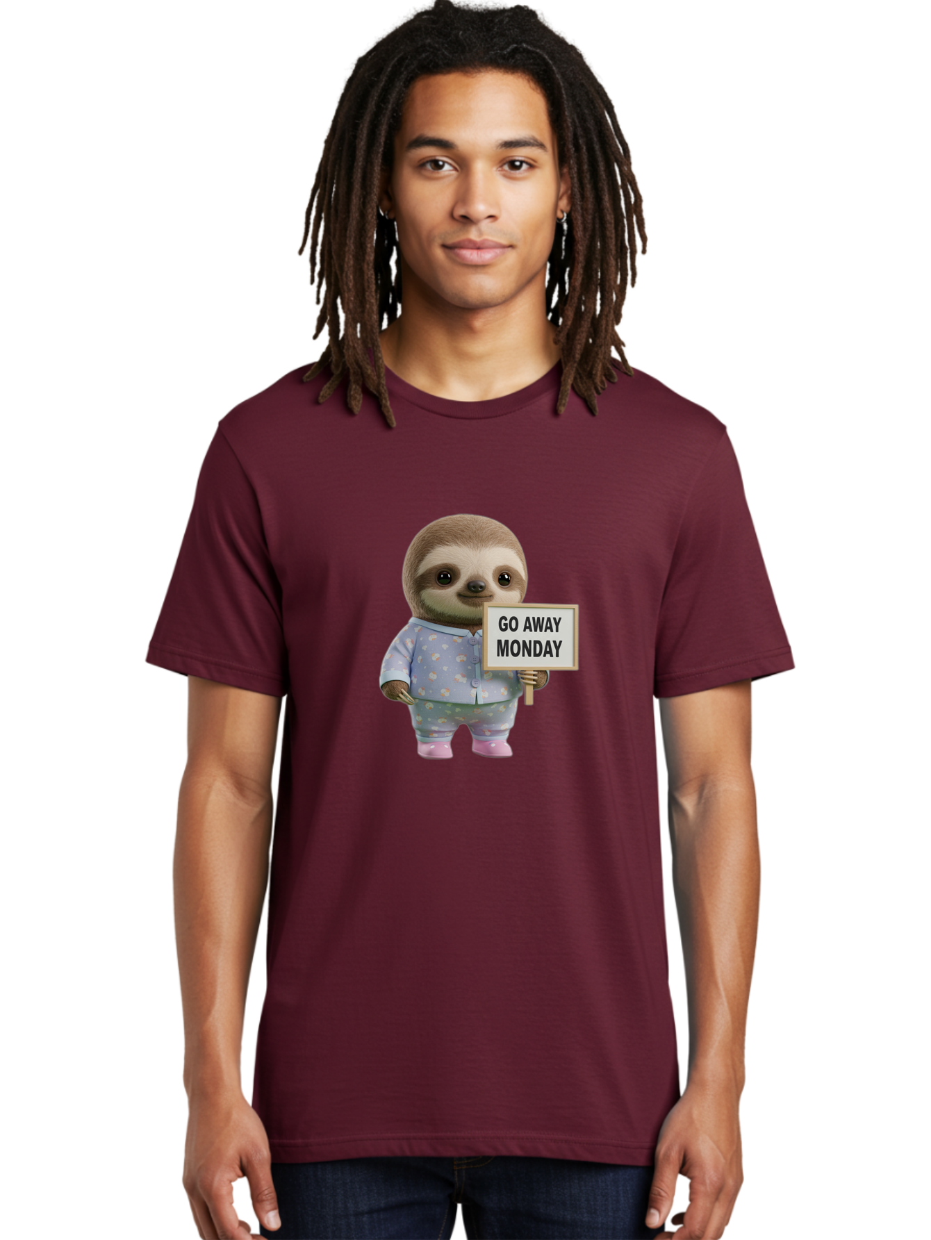 Sloth-Holding-Sign-Go-Away-Monday Men'S Graphic Tee, 100% Cotton, Comfortable Casual Summer Wear, Machine Washable, Sloth In Pajamas, Funny Animal, Cute Sloth, Humorous Sign, Go Away Monday, Lazy Morning, Cartoon Character, Playful Graphics, Bae756