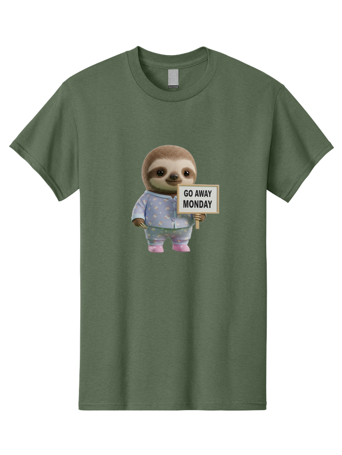 Sloth-Holding-Sign-Go-Away-Monday Men'S Graphic Tee, 100% Cotton, Comfortable Casual Summer Wear, Machine Washable, Sloth In Pajamas, Funny Animal, Cute Sloth, Humorous Sign, Go Away Monday, Lazy Morning, Cartoon Character, Playful Graphics, Bae756
