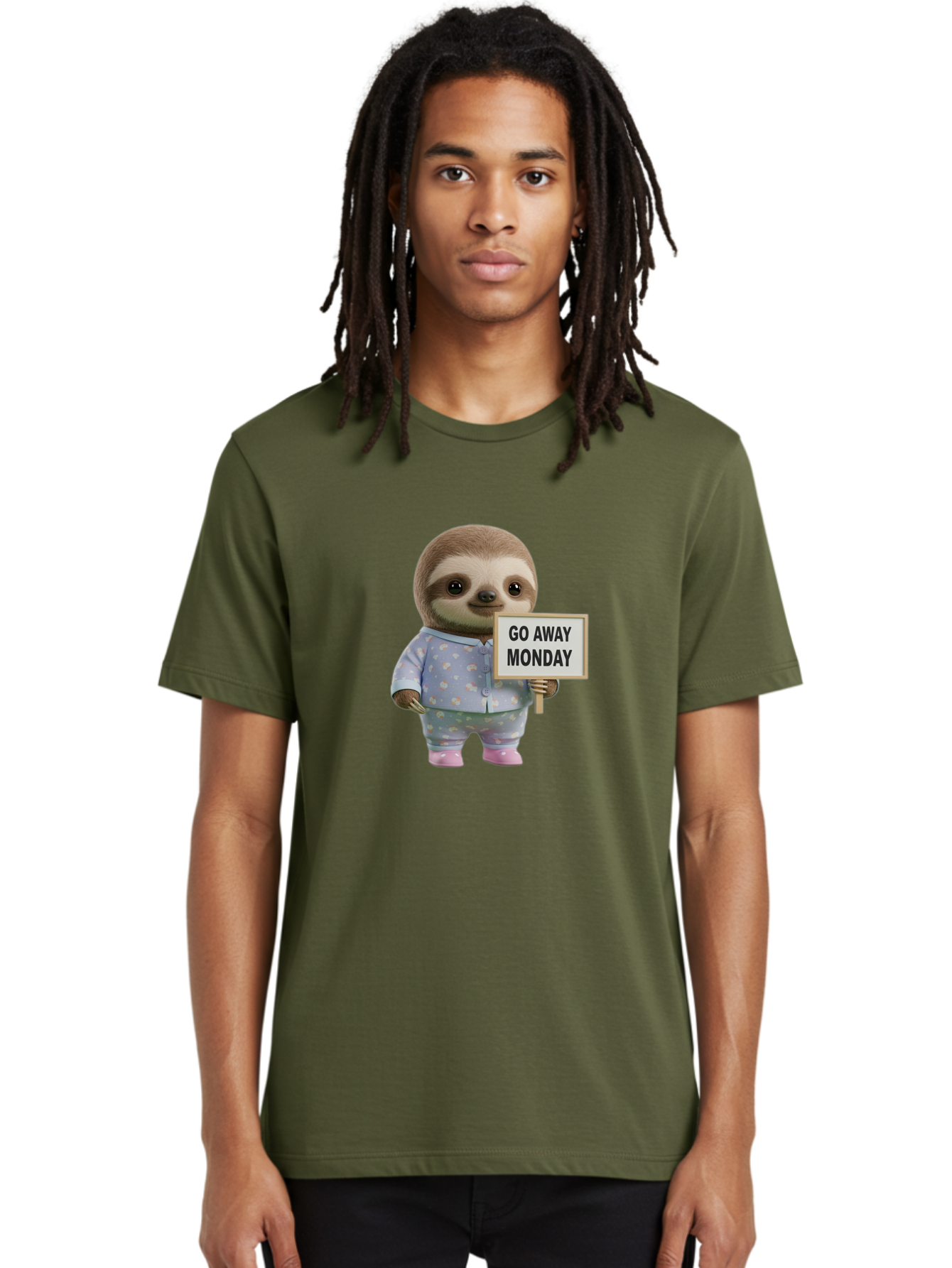 Sloth-Holding-Sign-Go-Away-Monday Men'S Graphic Tee, 100% Cotton, Comfortable Casual Summer Wear, Machine Washable, Sloth In Pajamas, Funny Animal, Cute Sloth, Humorous Sign, Go Away Monday, Lazy Morning, Cartoon Character, Playful Graphics, Bae756