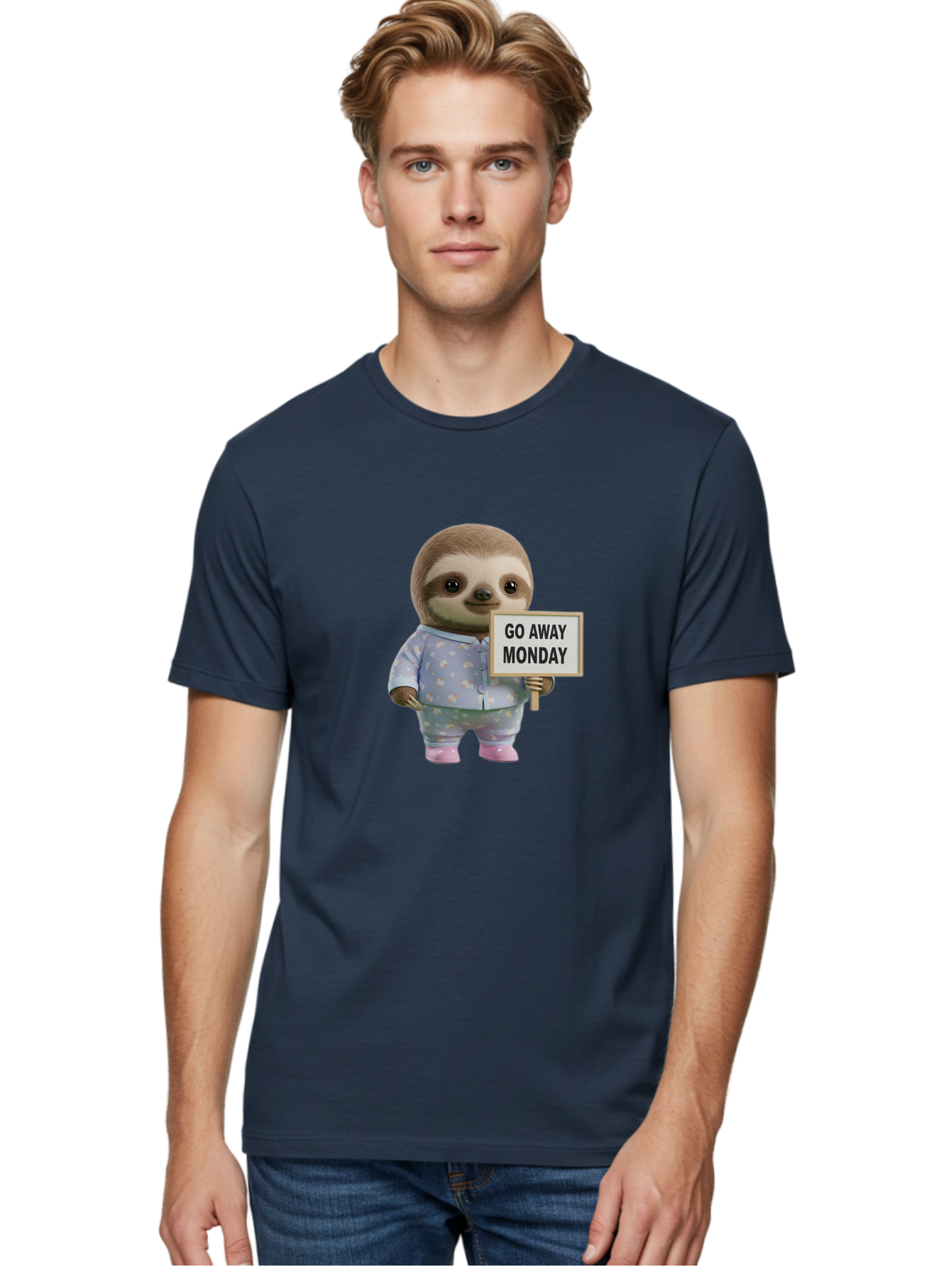 Sloth-Holding-Sign-Go-Away-Monday Men'S Graphic Tee, 100% Cotton, Comfortable Casual Summer Wear, Machine Washable, Sloth In Pajamas, Funny Animal, Cute Sloth, Humorous Sign, Go Away Monday, Lazy Morning, Cartoon Character, Playful Graphics, Bae756