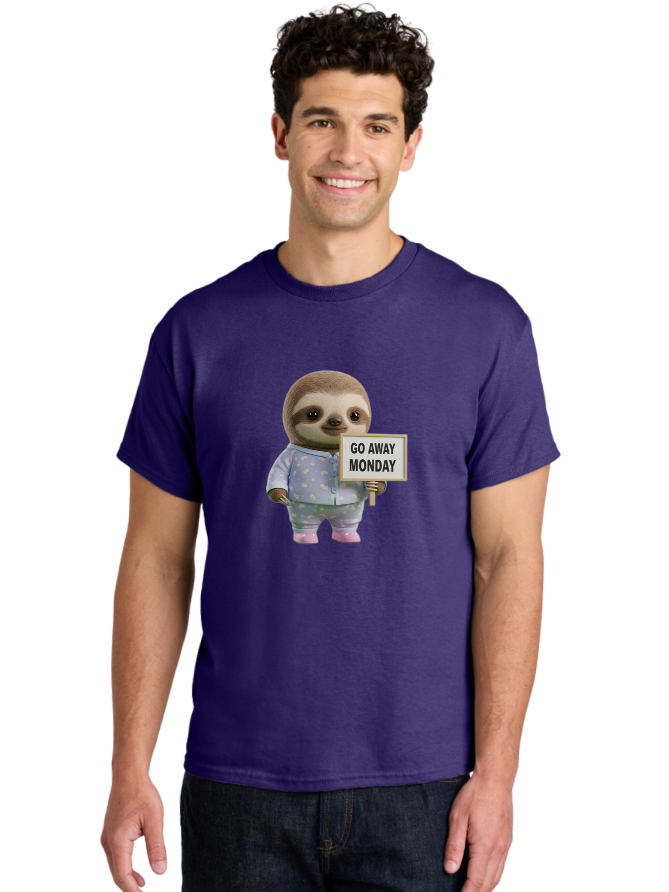 Sloth-Holding-Sign-Go-Away-Monday Men'S Graphic Tee, 100% Cotton, Comfortable Casual Summer Wear, Machine Washable, Sloth In Pajamas, Funny Animal, Cute Sloth, Humorous Sign, Go Away Monday, Lazy Morning, Cartoon Character, Playful Graphics, Bae756