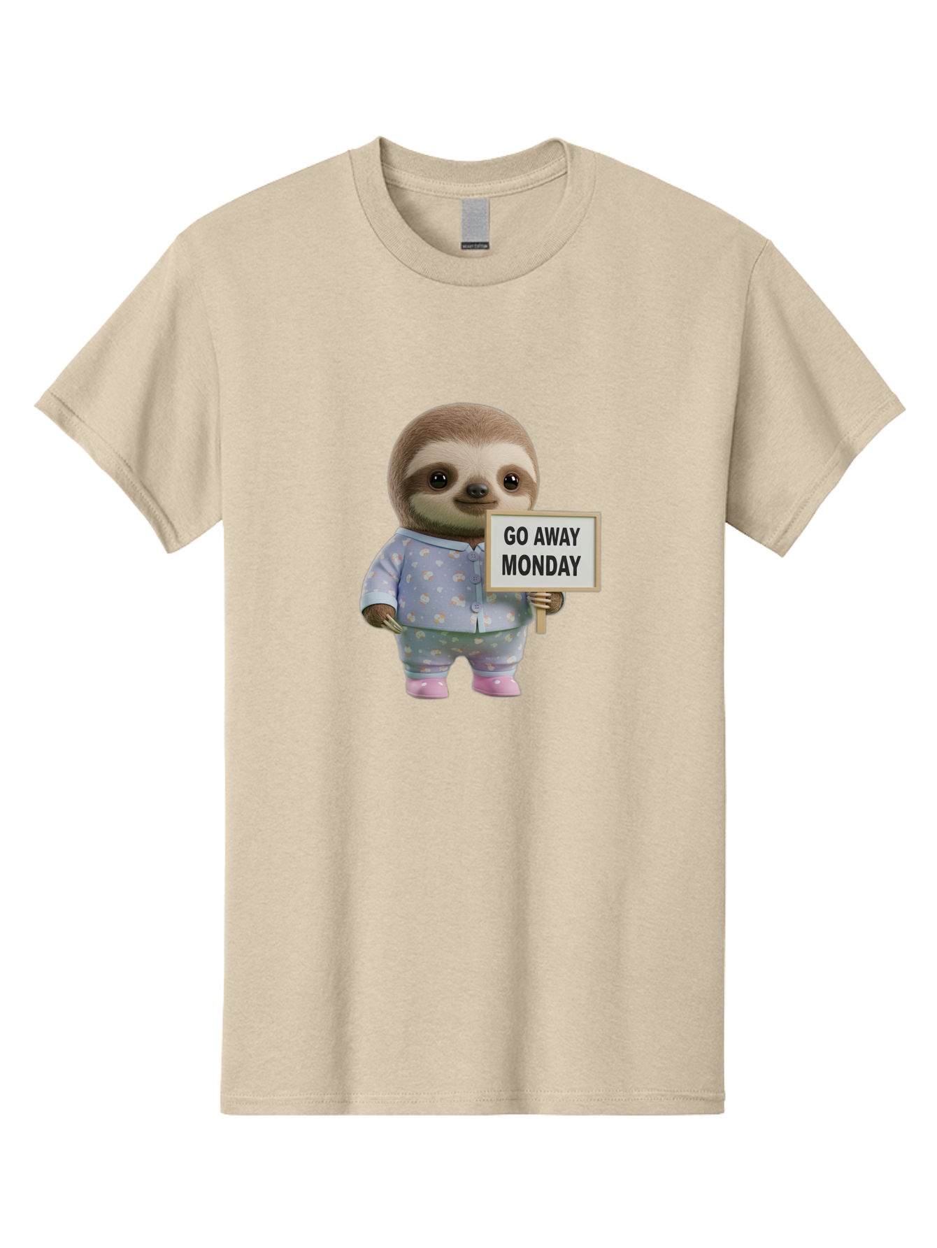Sloth-Holding-Sign-Go-Away-Monday Men'S Graphic Tee, 100% Cotton, Comfortable Casual Summer Wear, Machine Washable, Sloth In Pajamas, Funny Animal, Cute Sloth, Humorous Sign, Go Away Monday, Lazy Morning, Cartoon Character, Playful Graphics, Bae756