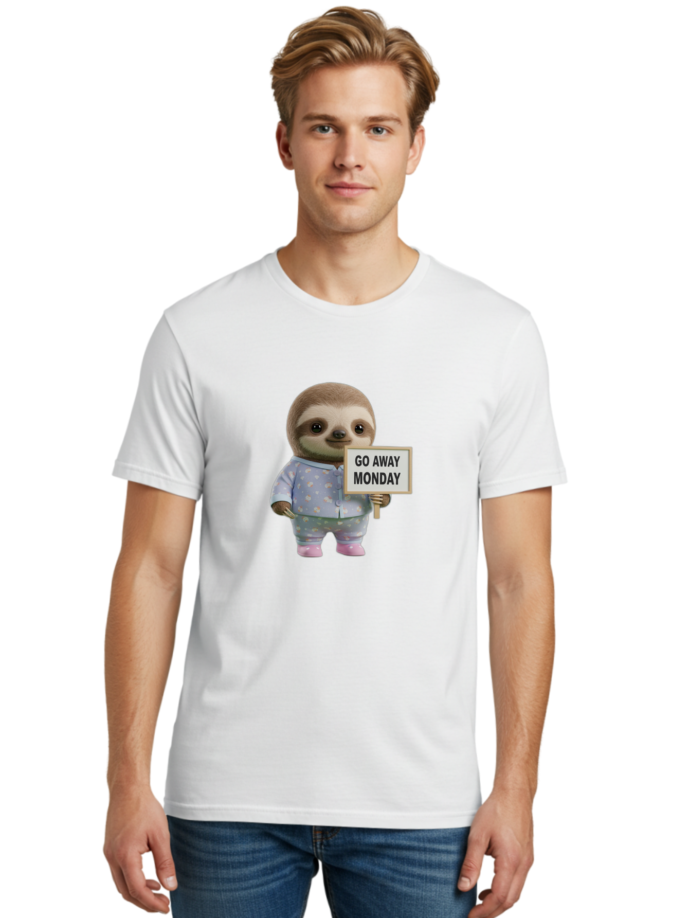 Sloth-Holding-Sign-Go-Away-Monday Men'S Graphic Tee, 100% Cotton, Comfortable Casual Summer Wear, Machine Washable, Sloth In Pajamas, Funny Animal, Cute Sloth, Humorous Sign, Go Away Monday, Lazy Morning, Cartoon Character, Playful Graphics, Bae756