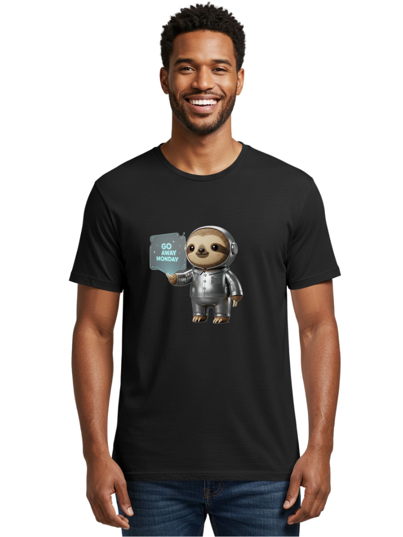 Sloth-In-Space-Suit Men'S Graphic Tee, 100% Cotton, Comfortable Casual Summer Wear, Machine Washable, Sloth In Silver Space Suit, Astronaut Sloth, Motivational Quote, Funny Animal, Humor, Quirky Character, Go Away Monday Bae757