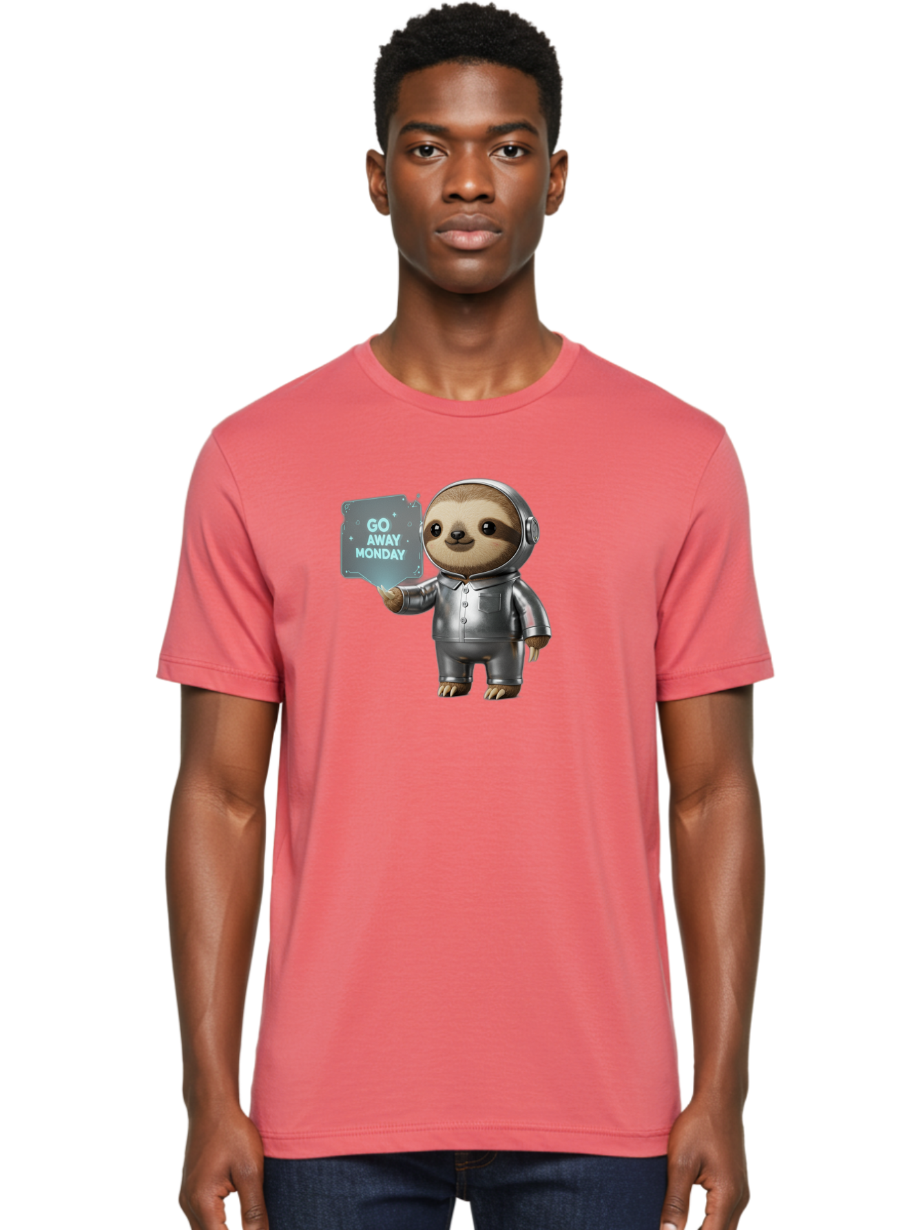 Sloth-In-Space-Suit Men'S Graphic Tee, 100% Cotton, Comfortable Casual Summer Wear, Machine Washable, Sloth In Silver Space Suit, Astronaut Sloth, Motivational Quote, Funny Animal, Humor, Quirky Character, Go Away Monday Bae757