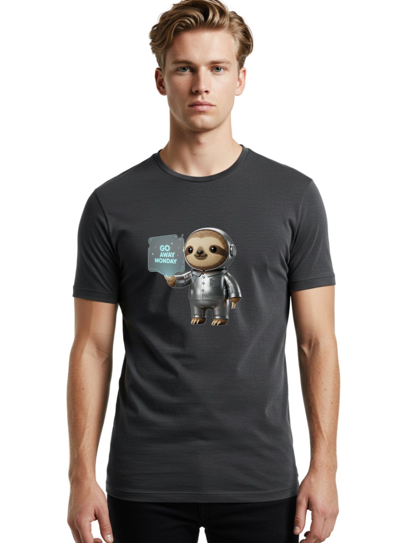 Sloth-In-Space-Suit Men'S Graphic Tee, 100% Cotton, Comfortable Casual Summer Wear, Machine Washable, Sloth In Silver Space Suit, Astronaut Sloth, Motivational Quote, Funny Animal, Humor, Quirky Character, Go Away Monday Bae757
