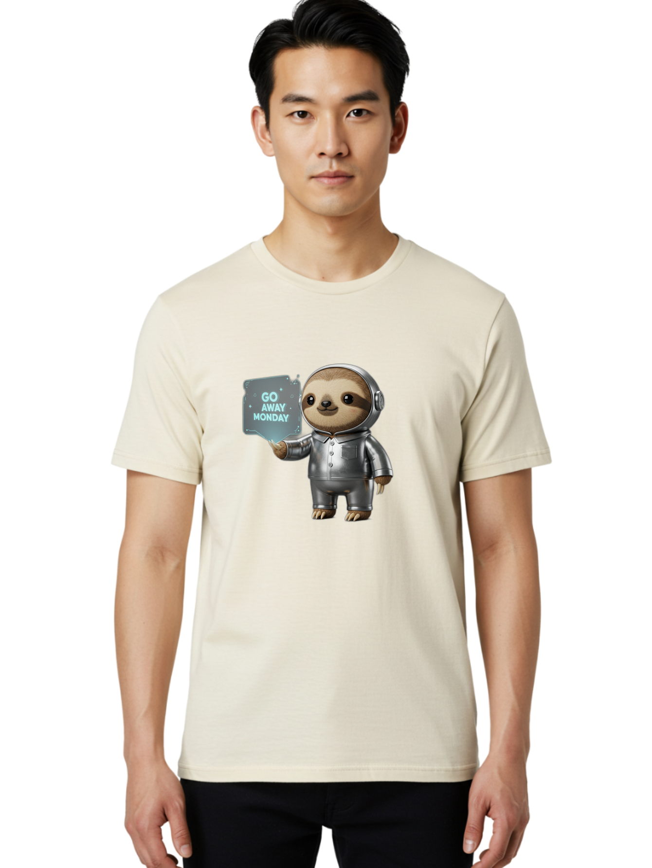 Sloth-In-Space-Suit Men'S Graphic Tee, 100% Cotton, Comfortable Casual Summer Wear, Machine Washable, Sloth In Silver Space Suit, Astronaut Sloth, Motivational Quote, Funny Animal, Humor, Quirky Character, Go Away Monday Bae757