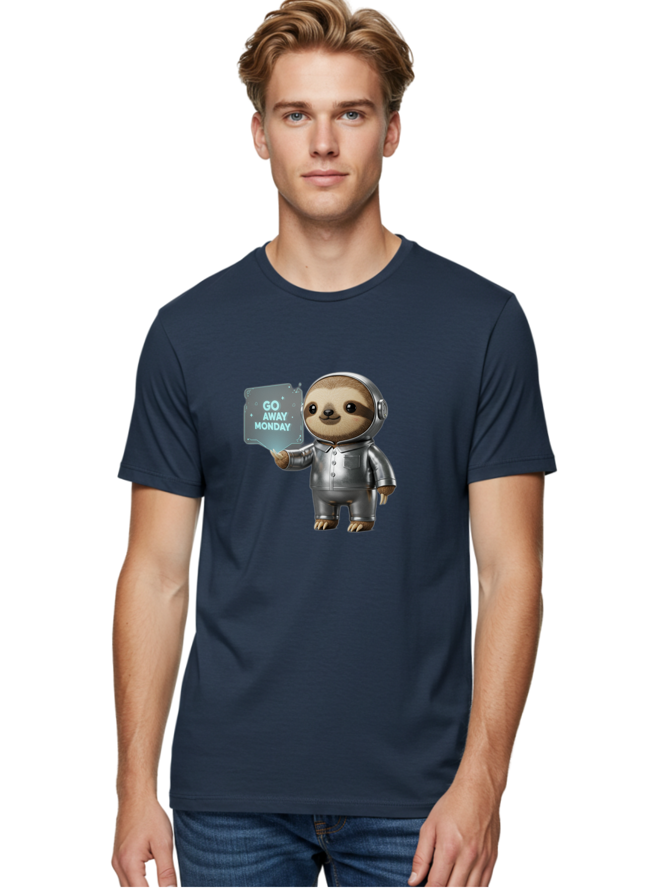 Sloth-In-Space-Suit Men'S Graphic Tee, 100% Cotton, Comfortable Casual Summer Wear, Machine Washable, Sloth In Silver Space Suit, Astronaut Sloth, Motivational Quote, Funny Animal, Humor, Quirky Character, Go Away Monday Bae757