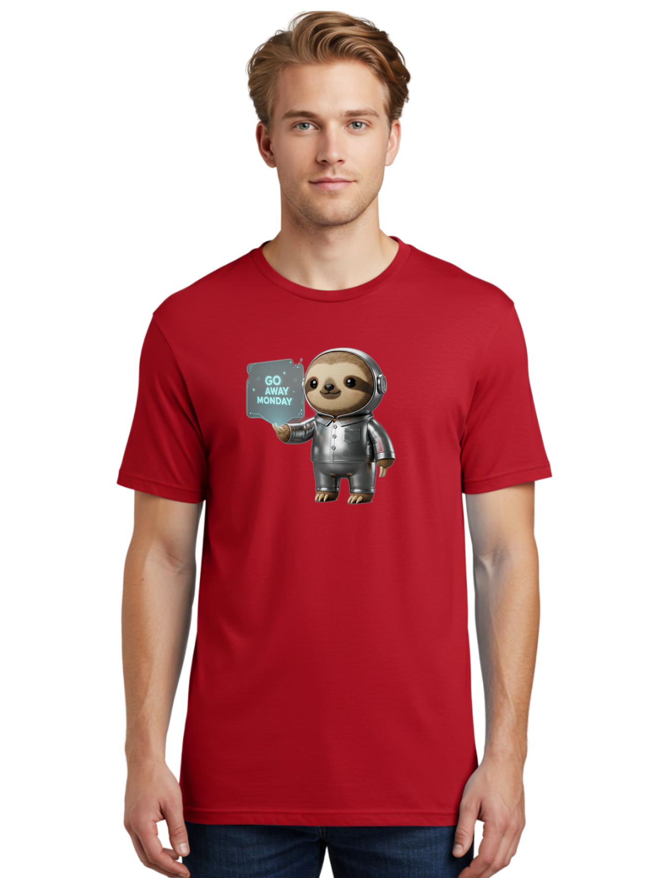 Sloth-In-Space-Suit Men'S Graphic Tee, 100% Cotton, Comfortable Casual Summer Wear, Machine Washable, Sloth In Silver Space Suit, Astronaut Sloth, Motivational Quote, Funny Animal, Humor, Quirky Character, Go Away Monday Bae757