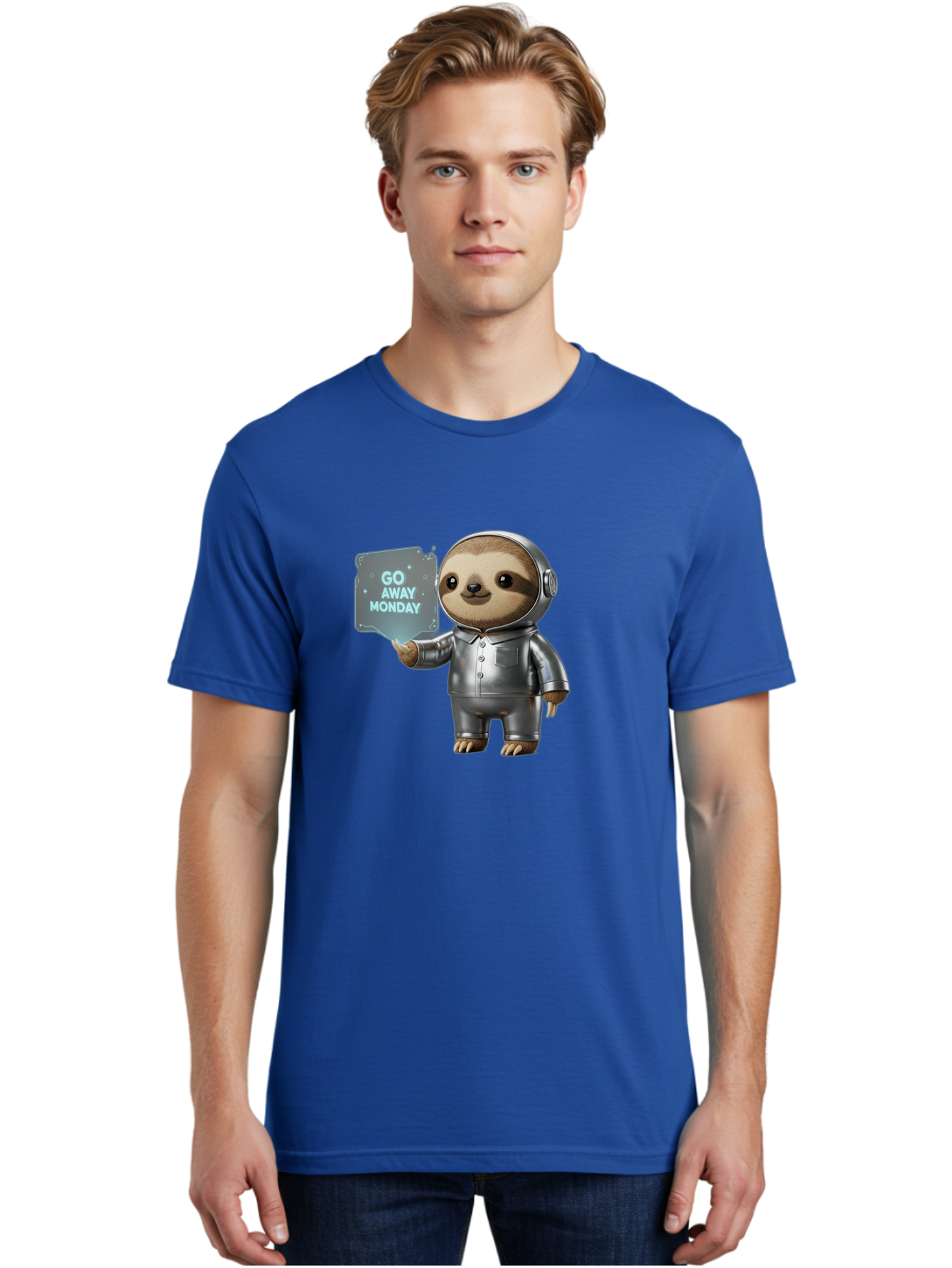 Sloth-In-Space-Suit Men'S Graphic Tee, 100% Cotton, Comfortable Casual Summer Wear, Machine Washable, Sloth In Silver Space Suit, Astronaut Sloth, Motivational Quote, Funny Animal, Humor, Quirky Character, Go Away Monday Bae757