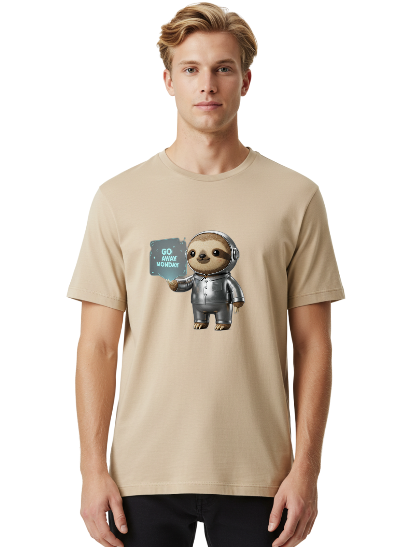 Sloth-In-Space-Suit Men'S Graphic Tee, 100% Cotton, Comfortable Casual Summer Wear, Machine Washable, Sloth In Silver Space Suit, Astronaut Sloth, Motivational Quote, Funny Animal, Humor, Quirky Character, Go Away Monday Bae757