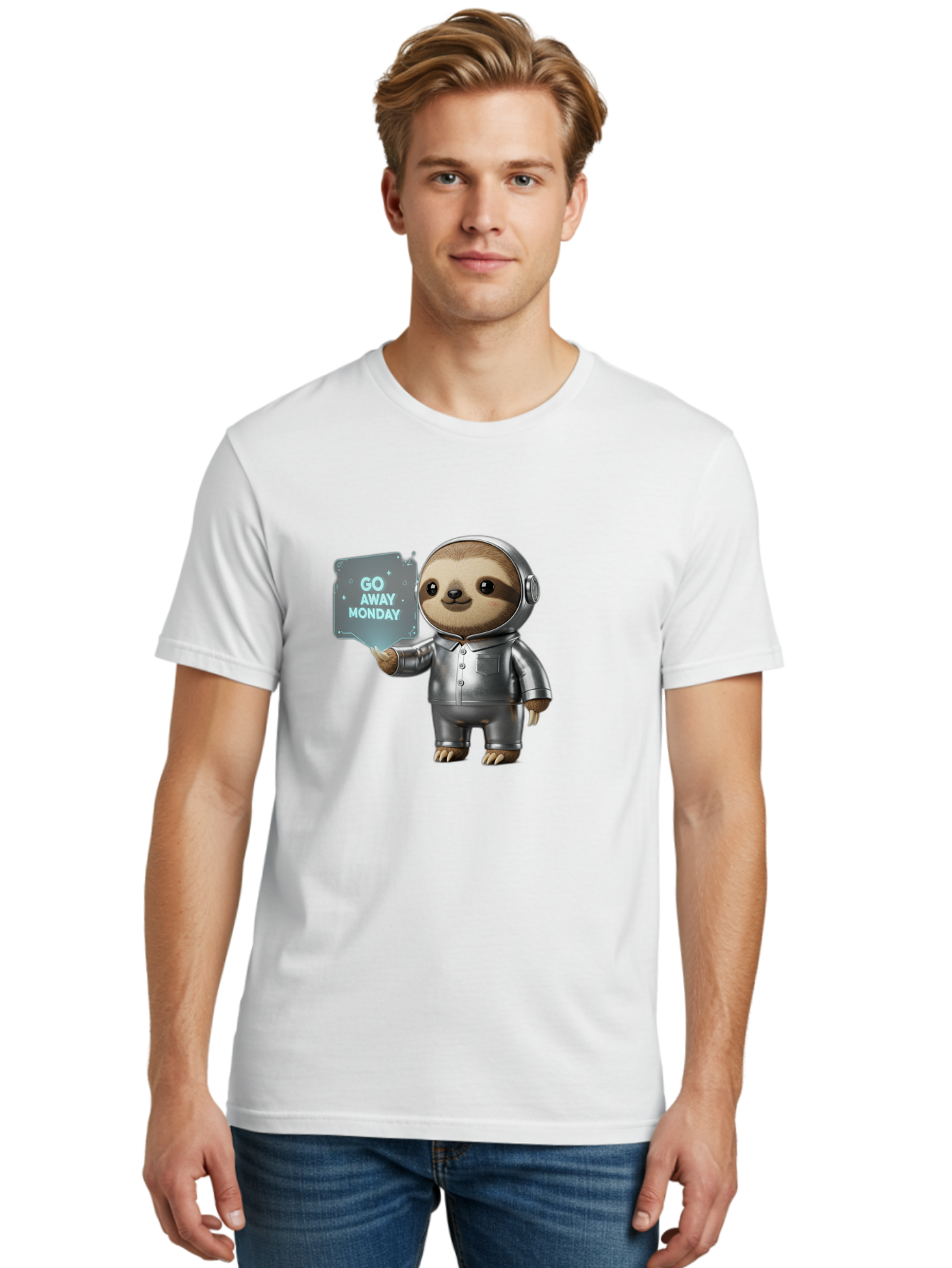 Sloth-In-Space-Suit Men'S Graphic Tee, 100% Cotton, Comfortable Casual Summer Wear, Machine Washable, Sloth In Silver Space Suit, Astronaut Sloth, Motivational Quote, Funny Animal, Humor, Quirky Character, Go Away Monday Bae757