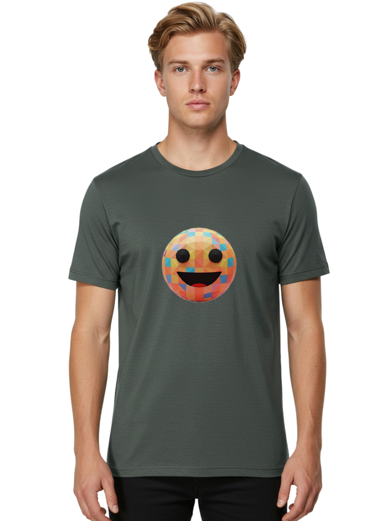 Smile-Ball Men'S Graphic Tee, 100% Cotton, Comfortable Casual Summer Wear, Machine Washable, Low Poly Orb, Happy Face, Smiling Emoji, Colorful Pattern, 3D Design, Vibrant Colors, Emotive Expression, Modern Art Style, Geometric Shapes, Bae759