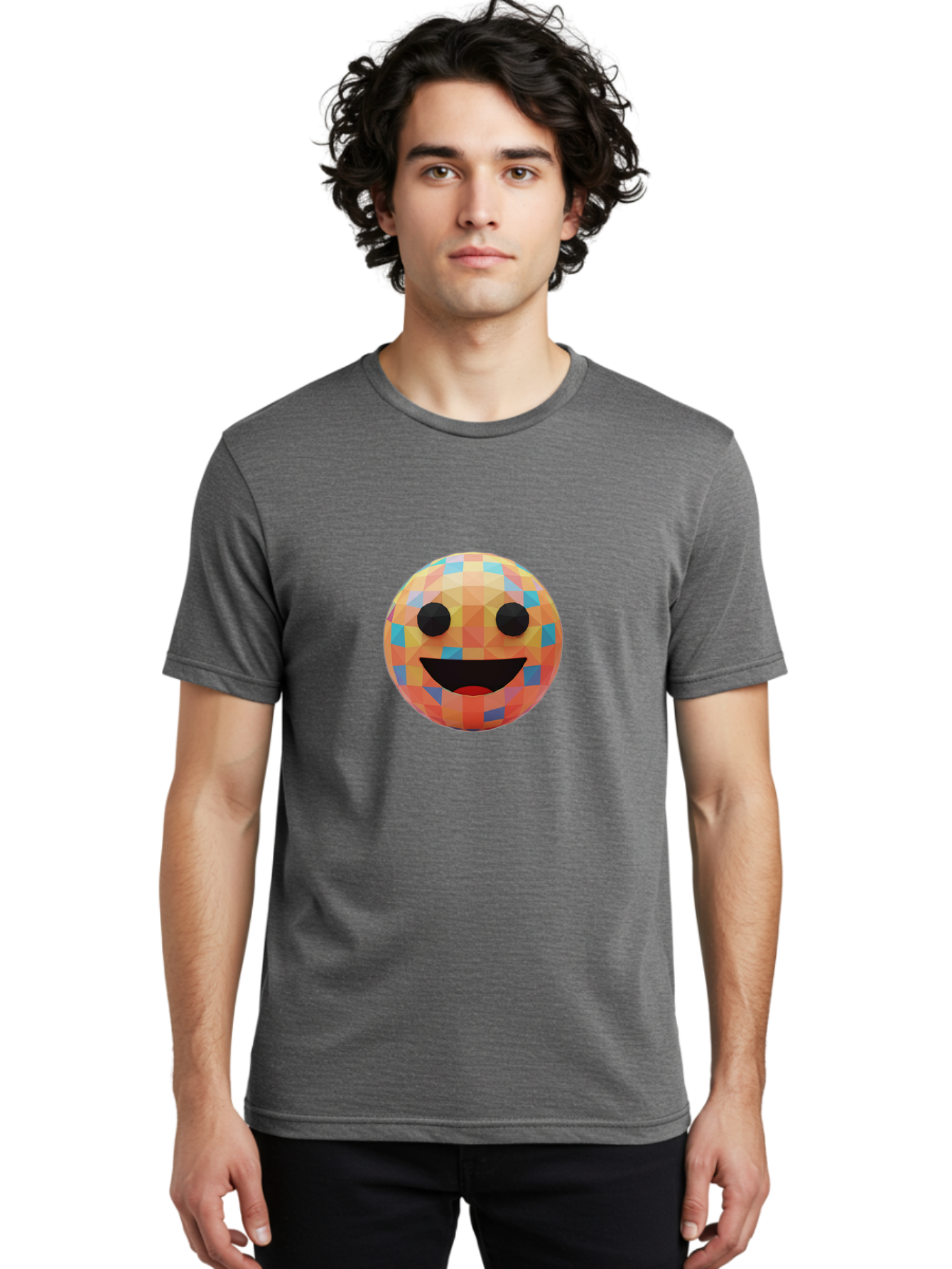 Smile-Ball Men'S Graphic Tee, 100% Cotton, Comfortable Casual Summer Wear, Machine Washable, Low Poly Orb, Happy Face, Smiling Emoji, Colorful Pattern, 3D Design, Vibrant Colors, Emotive Expression, Modern Art Style, Geometric Shapes, Bae759