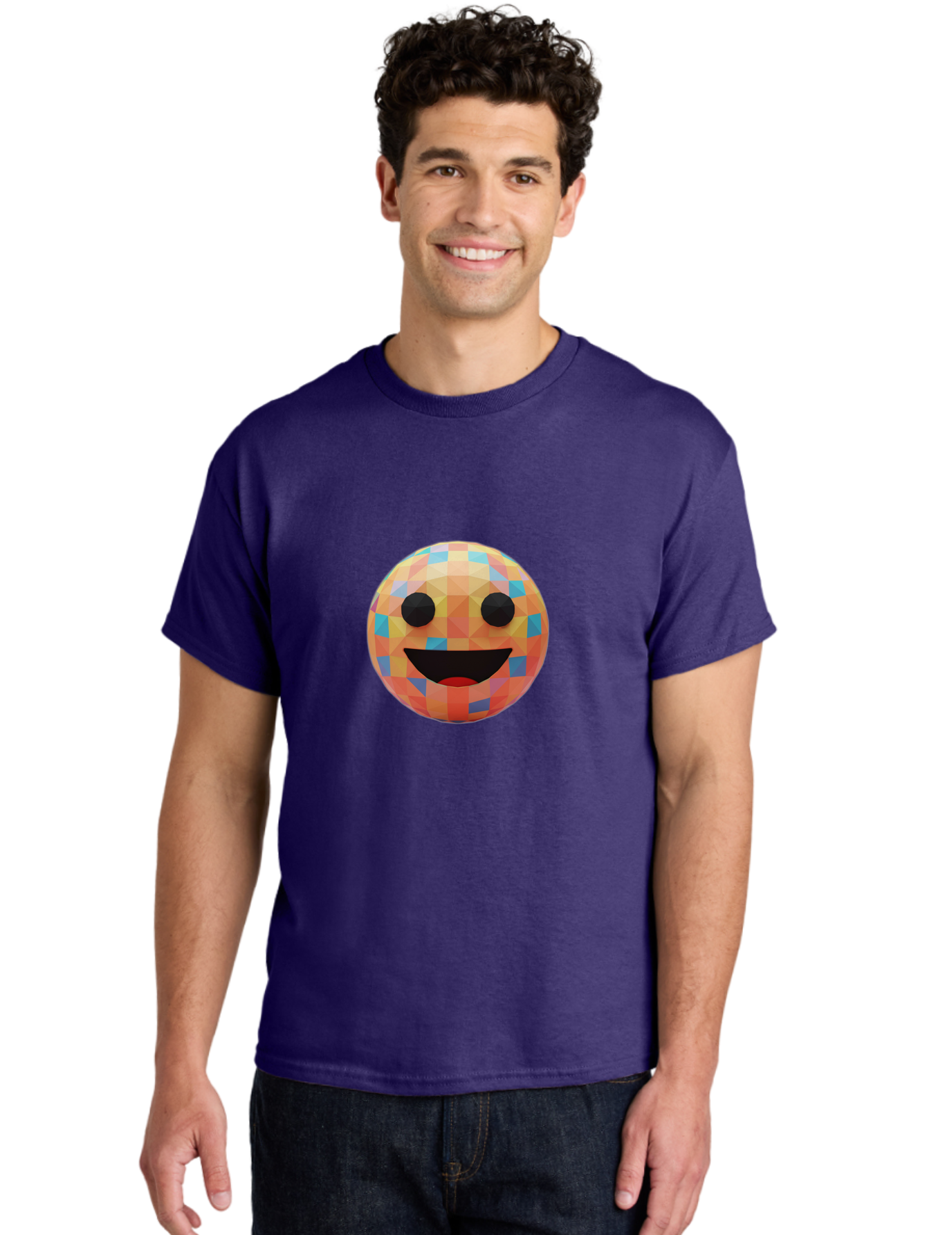 Smile-Ball Men'S Graphic Tee, 100% Cotton, Comfortable Casual Summer Wear, Machine Washable, Low Poly Orb, Happy Face, Smiling Emoji, Colorful Pattern, 3D Design, Vibrant Colors, Emotive Expression, Modern Art Style, Geometric Shapes, Bae759