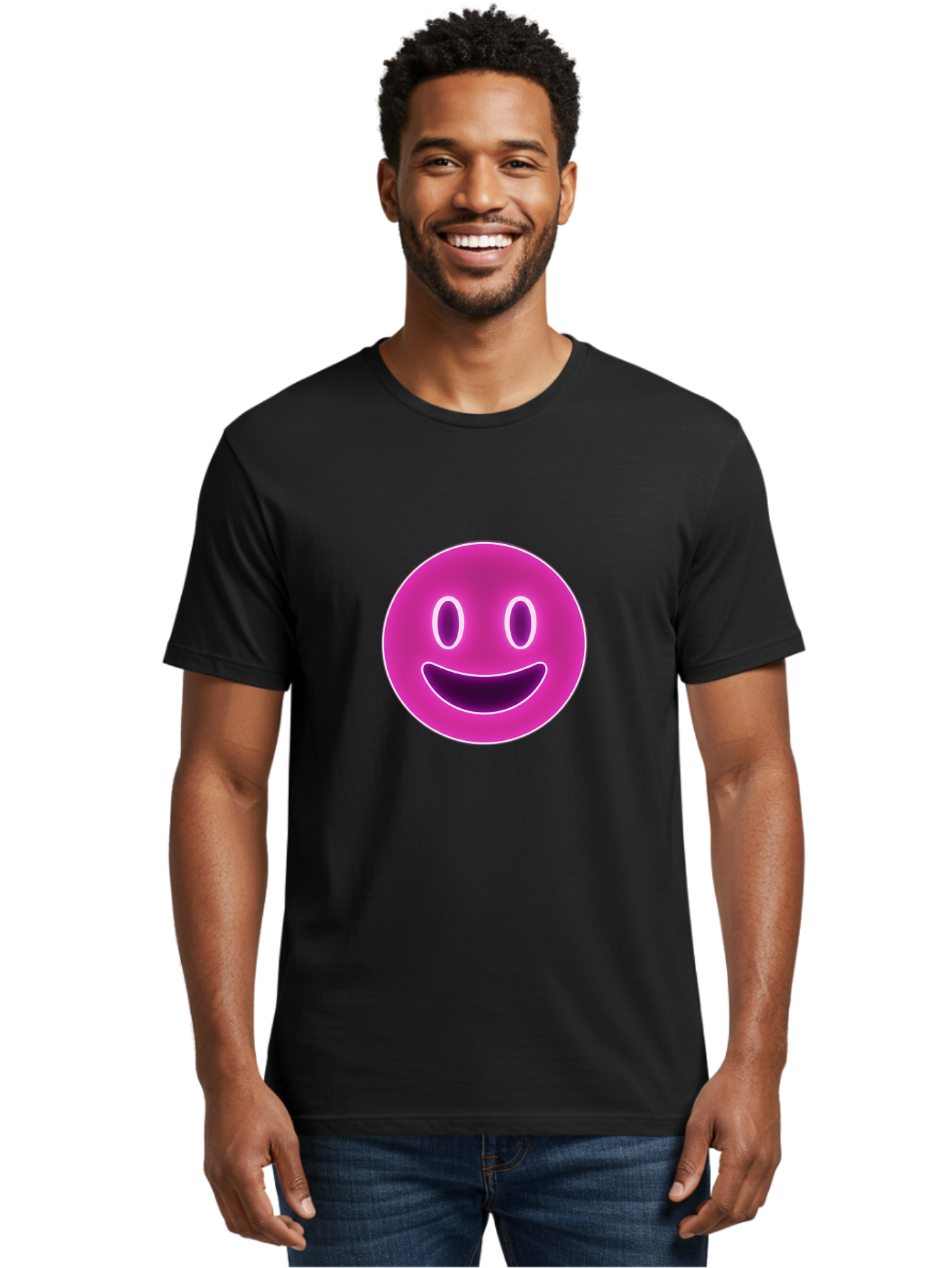 Smiley-Face Men'S Graphic Tee, 100% Cotton, Comfortable Casual Summer Wear, Machine Washable, Smiley Face, Happy Expression, Purple Emoticon, Neon Glow, Simple Design, Positive Vibe, Emotive Icon, Social Media Symbol, Emoticon, Happiness, Bae760