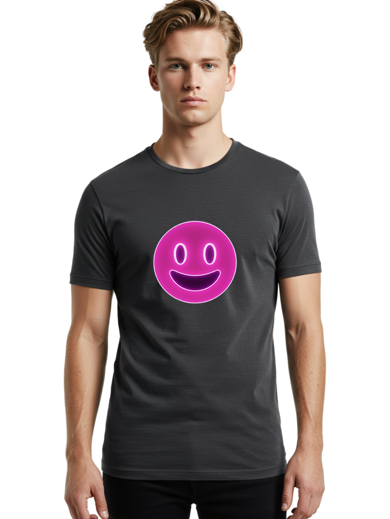 Smiley-Face Men'S Graphic Tee, 100% Cotton, Comfortable Casual Summer Wear, Machine Washable, Smiley Face, Happy Expression, Purple Emoticon, Neon Glow, Simple Design, Positive Vibe, Emotive Icon, Social Media Symbol, Emoticon, Happiness, Bae760