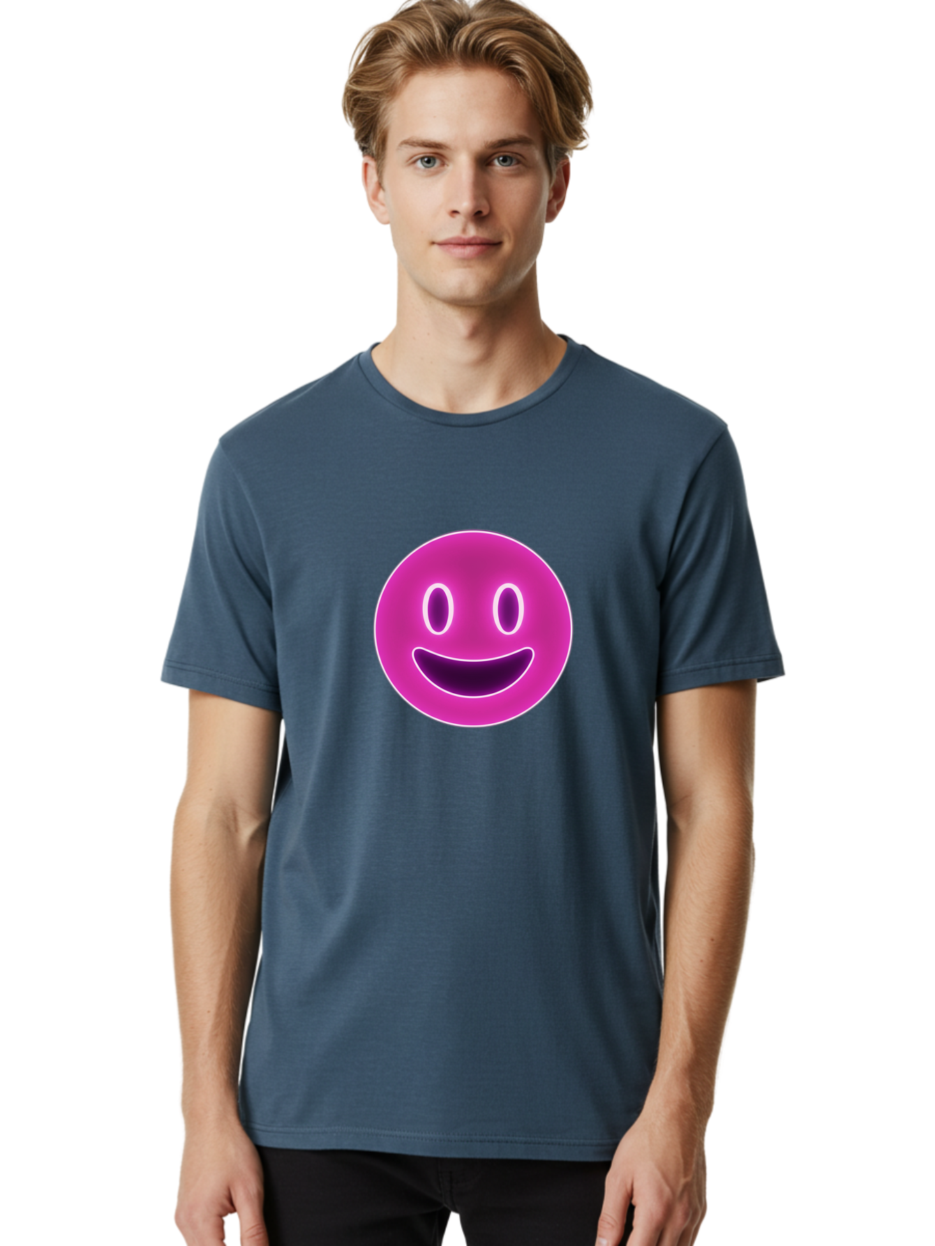 Smiley-Face Men'S Graphic Tee, 100% Cotton, Comfortable Casual Summer Wear, Machine Washable, Smiley Face, Happy Expression, Purple Emoticon, Neon Glow, Simple Design, Positive Vibe, Emotive Icon, Social Media Symbol, Emoticon, Happiness, Bae760