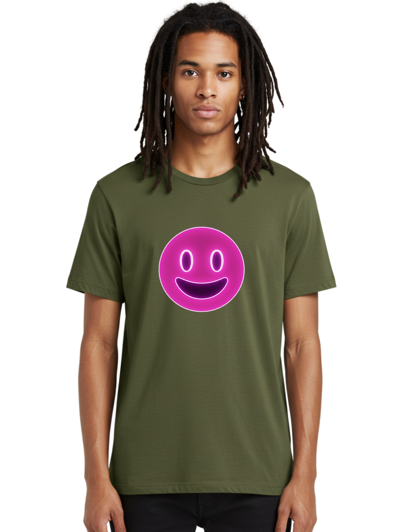 Smiley-Face Men'S Graphic Tee, 100% Cotton, Comfortable Casual Summer Wear, Machine Washable, Smiley Face, Happy Expression, Purple Emoticon, Neon Glow, Simple Design, Positive Vibe, Emotive Icon, Social Media Symbol, Emoticon, Happiness, Bae760