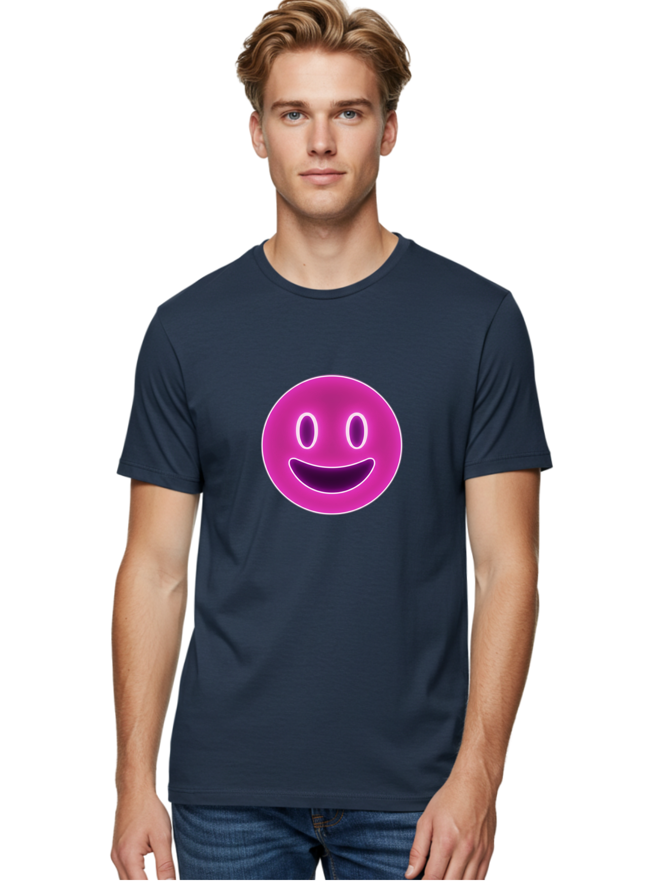 Smiley-Face Men'S Graphic Tee, 100% Cotton, Comfortable Casual Summer Wear, Machine Washable, Smiley Face, Happy Expression, Purple Emoticon, Neon Glow, Simple Design, Positive Vibe, Emotive Icon, Social Media Symbol, Emoticon, Happiness, Bae760