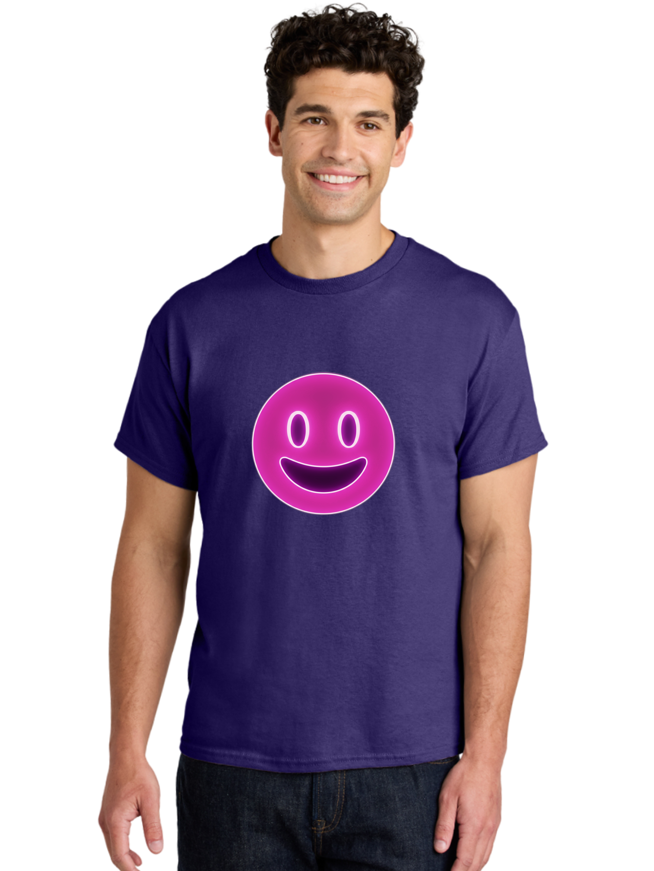 Smiley-Face Men'S Graphic Tee, 100% Cotton, Comfortable Casual Summer Wear, Machine Washable, Smiley Face, Happy Expression, Purple Emoticon, Neon Glow, Simple Design, Positive Vibe, Emotive Icon, Social Media Symbol, Emoticon, Happiness, Bae760