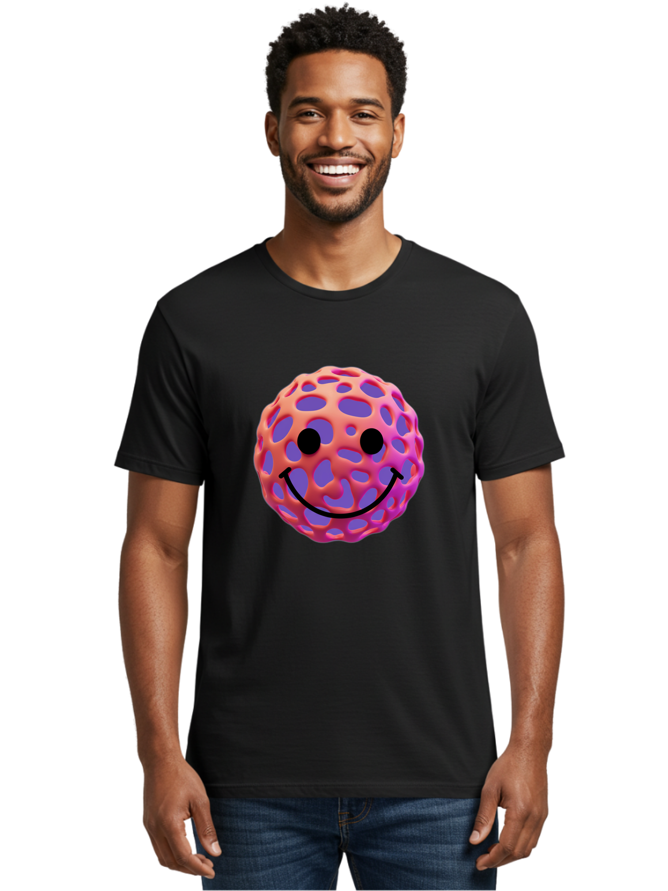 Smiley-Virus Men'S Graphic Tee, 100% Cotton, Comfortable Casual Summer Wear, Machine Washable, Smiley Face, Happy Emoji, Pink And Orange Gradient, Playful Design, 3D Illustration, Digital Art, Cute Character, Smiley Emoticon, Emoticon Bae761