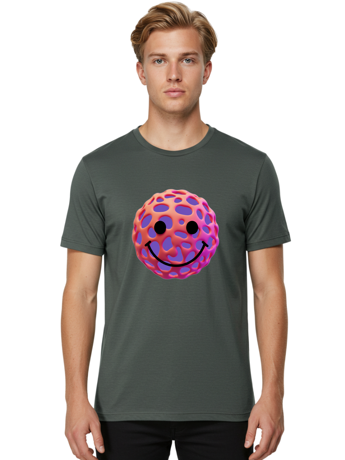 Smiley-Virus Men'S Graphic Tee, 100% Cotton, Comfortable Casual Summer Wear, Machine Washable, Smiley Face, Happy Emoji, Pink And Orange Gradient, Playful Design, 3D Illustration, Digital Art, Cute Character, Smiley Emoticon, Emoticon Bae761