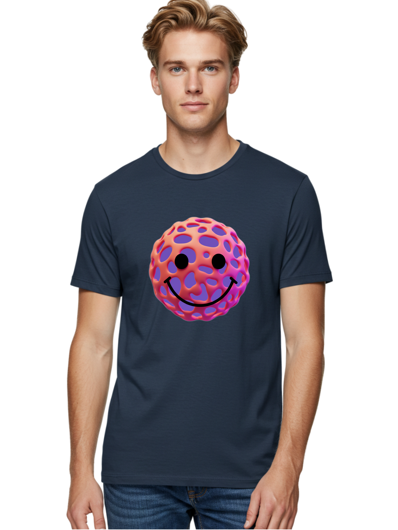 Smiley-Virus Men'S Graphic Tee, 100% Cotton, Comfortable Casual Summer Wear, Machine Washable, Smiley Face, Happy Emoji, Pink And Orange Gradient, Playful Design, 3D Illustration, Digital Art, Cute Character, Smiley Emoticon, Emoticon Bae761