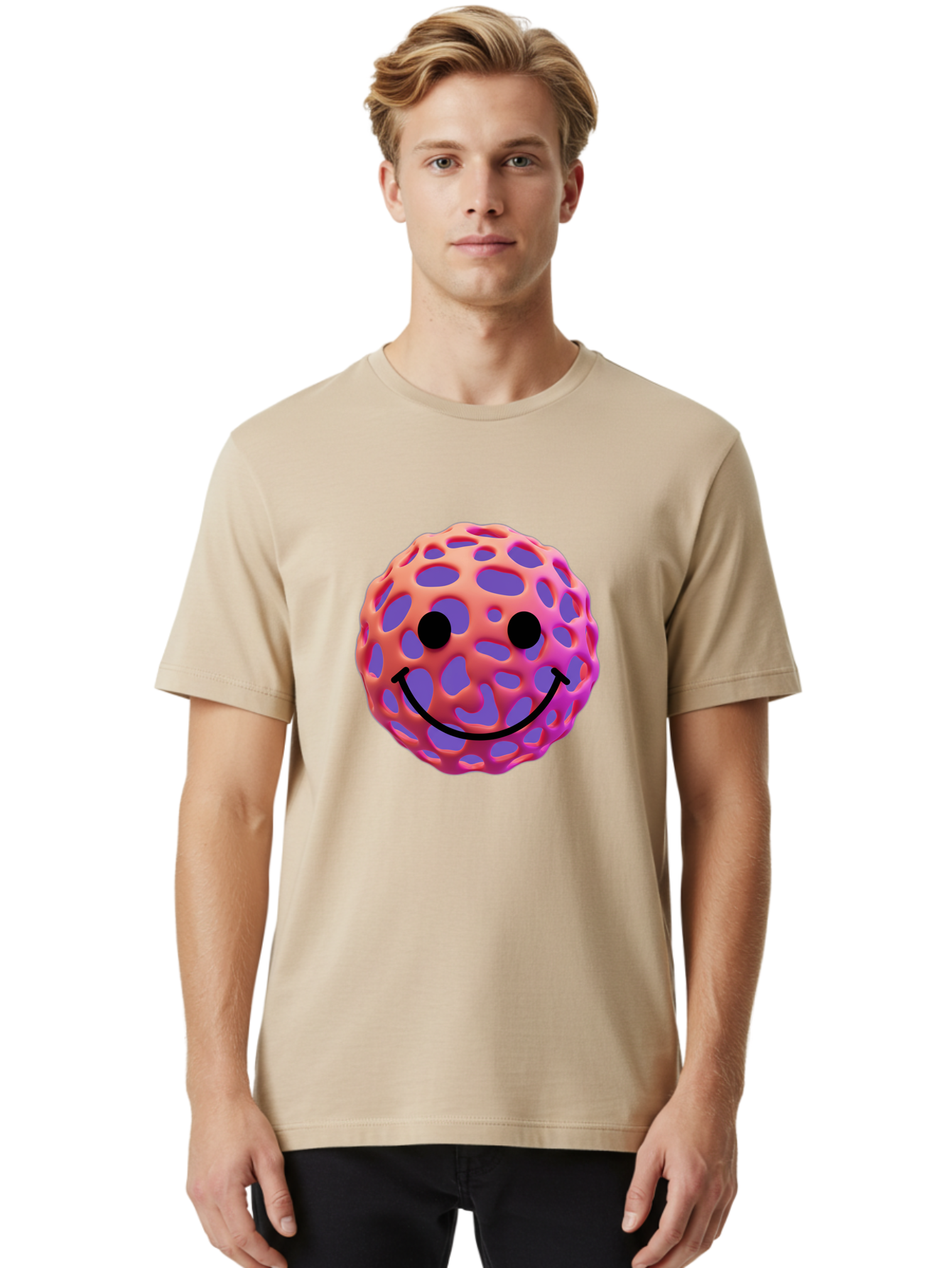 Smiley-Virus Men'S Graphic Tee, 100% Cotton, Comfortable Casual Summer Wear, Machine Washable, Smiley Face, Happy Emoji, Pink And Orange Gradient, Playful Design, 3D Illustration, Digital Art, Cute Character, Smiley Emoticon, Emoticon Bae761