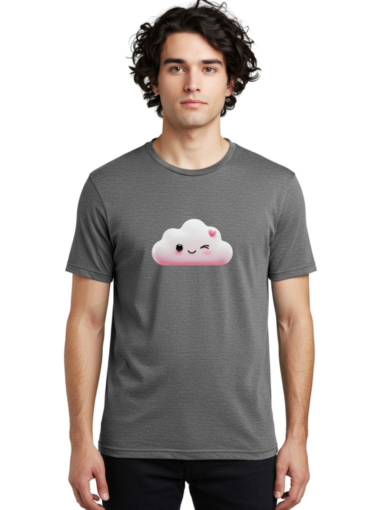 Smiling-Cloud-2 Men'S Graphic Tee, 100% Cotton, Comfortable Casual Summer Wear, Machine Washable, Cartoon Cloud, Smiling Face, Kawaii Character, Cute Emoji, Soft Pink Colors, Winking Eye, Rosy Cheeks, Adorable Illustration, Digital Art, Bae763