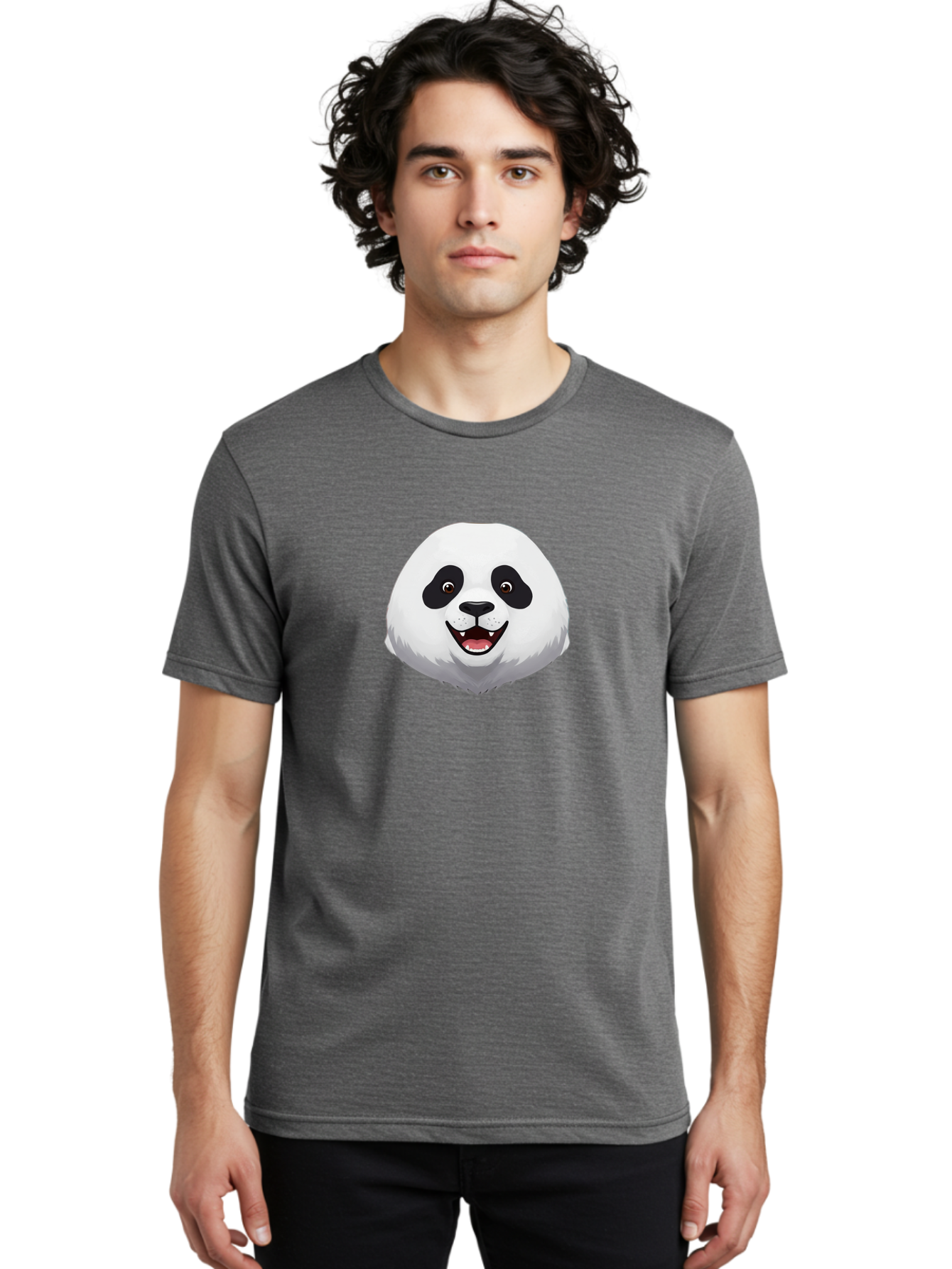 Smiling-Panda-Head Men'S Graphic Tee, 100% Cotton, Comfortable Casual Summer Wear, Machine Washable, Cartoon Panda, Happy Face, Black And White Fur, Cute Animal, Playful Expression, Smiling Panda, Cartoon Character Bae766