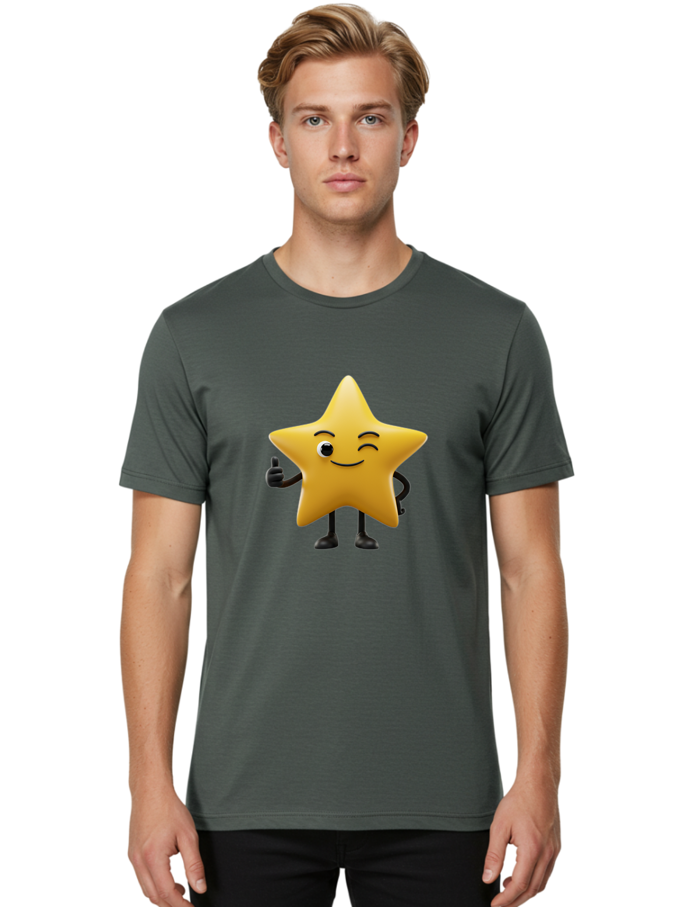 Smiling-Star-3 Men'S Graphic Tee, 100% Cotton, Comfortable Casual Summer Wear, Machine Washable, Happy Star, Cartoon Character, Yellow Star, Thumbs Up, Smiling Face, One Eye, Black Legs, Fun Design, Playful Illustration, Positive Vibes, Bae769