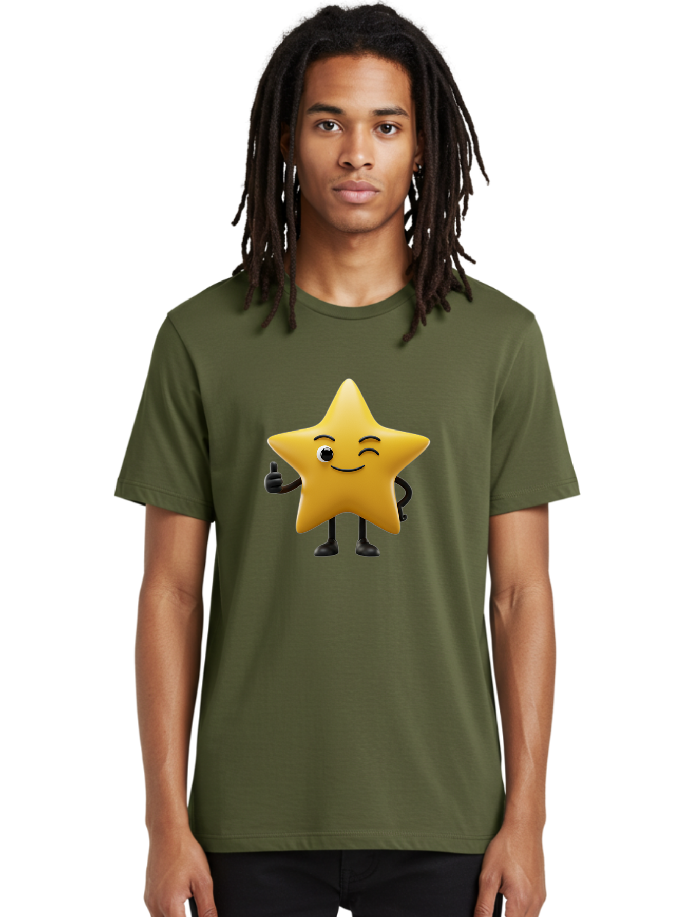 Smiling-Star-3 Men'S Graphic Tee, 100% Cotton, Comfortable Casual Summer Wear, Machine Washable, Happy Star, Cartoon Character, Yellow Star, Thumbs Up, Smiling Face, One Eye, Black Legs, Fun Design, Playful Illustration, Positive Vibes, Bae769