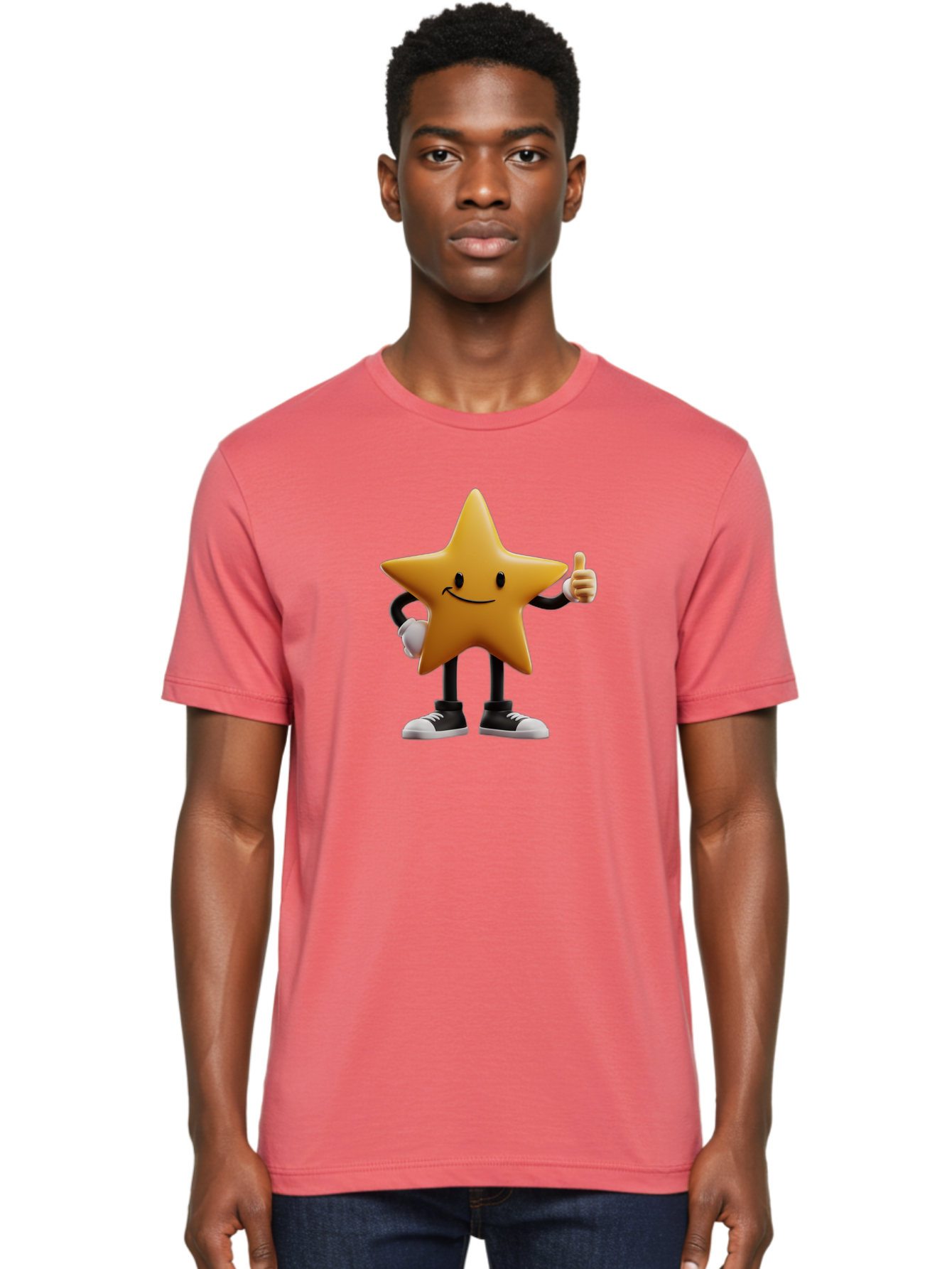 Smiling-Star-4 Men'S Graphic Tee, 100% Cotton, Comfortable Casual Summer Wear, Machine Washable, Smiling Star Character, Thumbs Up Approval, Happy Expression, Cartoon Style, Yellow Star, Black Legs, White Gloves, Black And White Shoes, Bae770